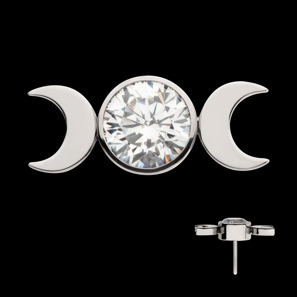 Triple Moon Phase with Center Bezel Set Clear CZ Flatback Stud Earring / Nosering - Clear CZ in Titanium