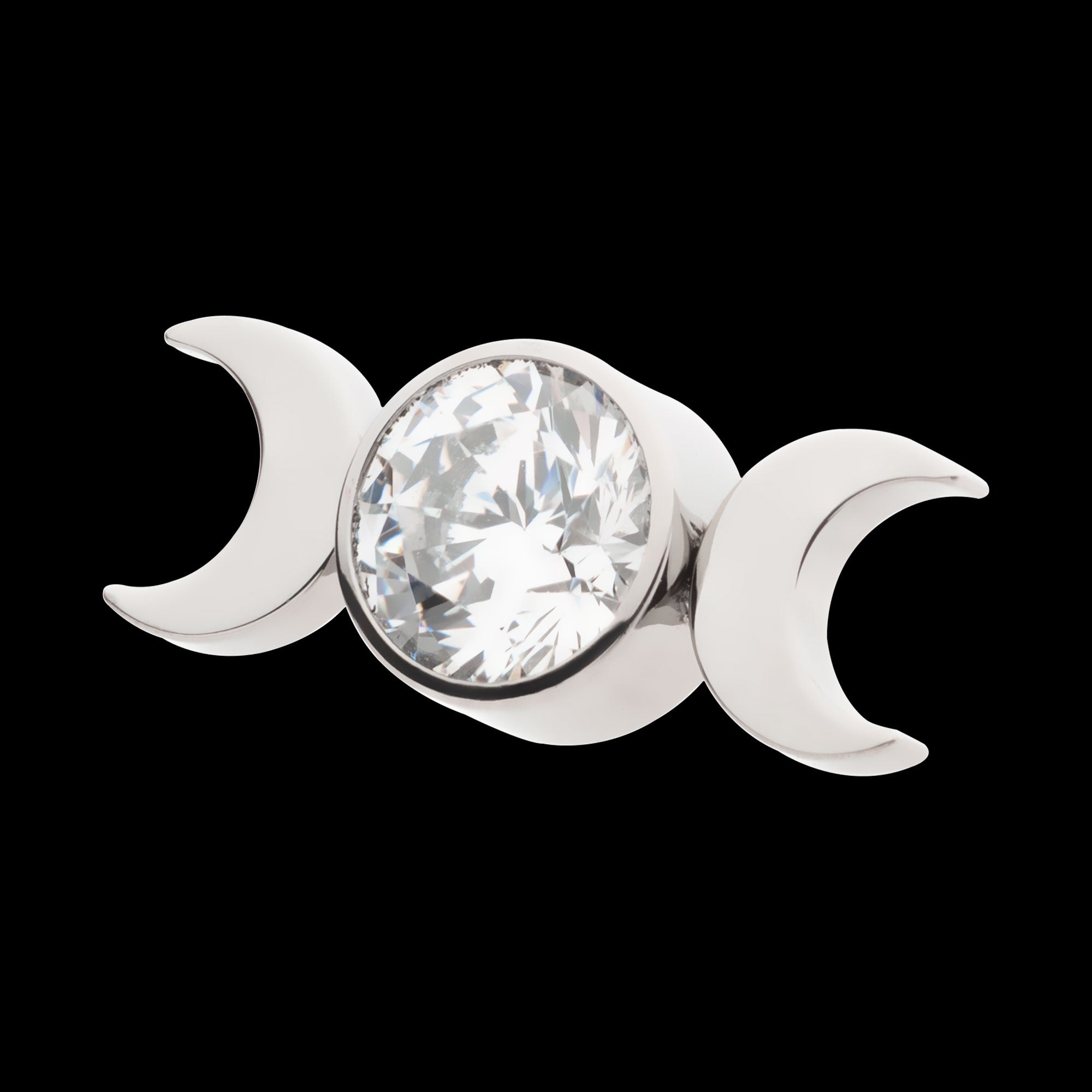 Triple Moon Phase with Center Bezel Set Clear CZ Flatback Stud Earring / Nosering - Clear CZ in Titanium
