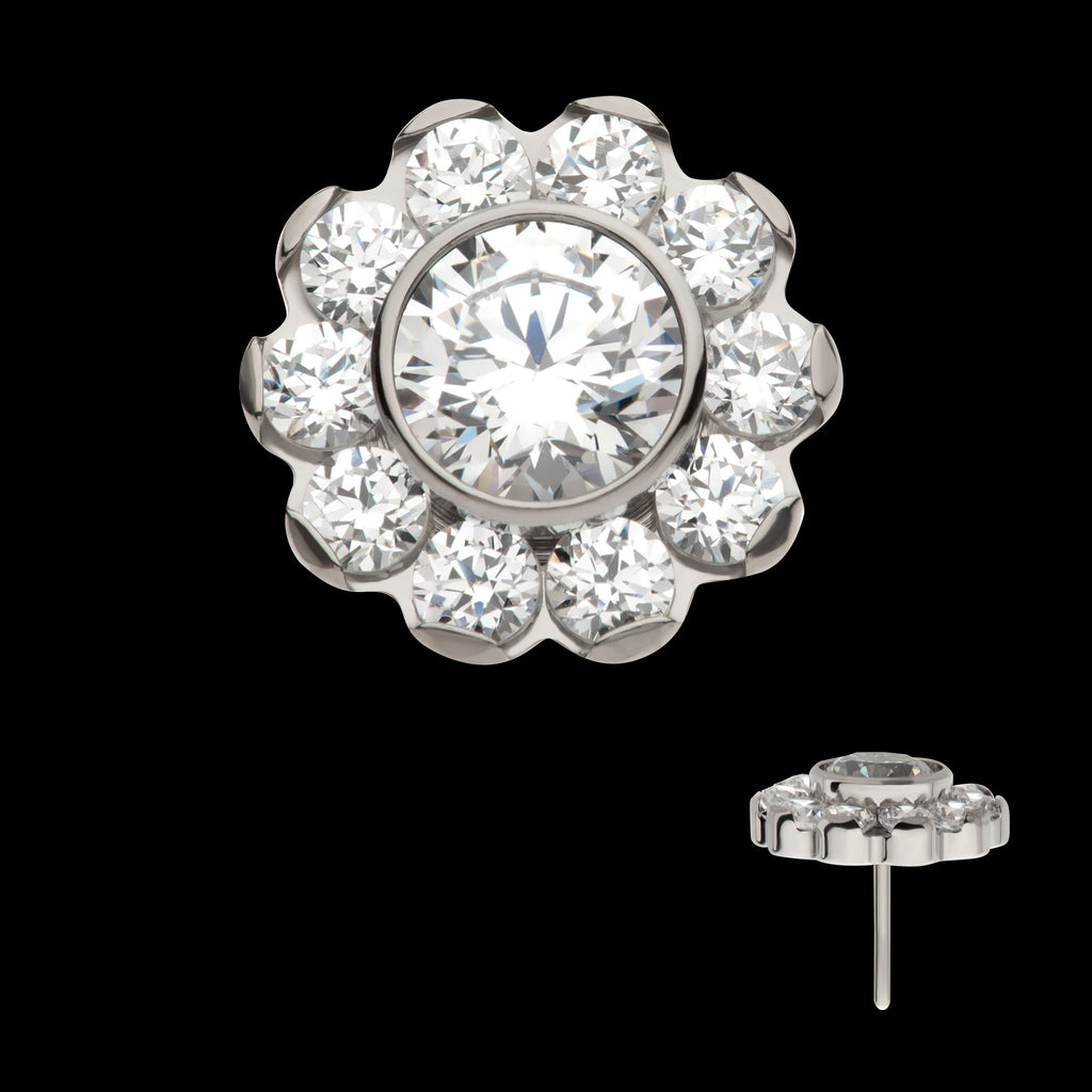 Flower with 11 Clear CZ Flatback Stud Earring / Nosering - Clear CZ in Titanium