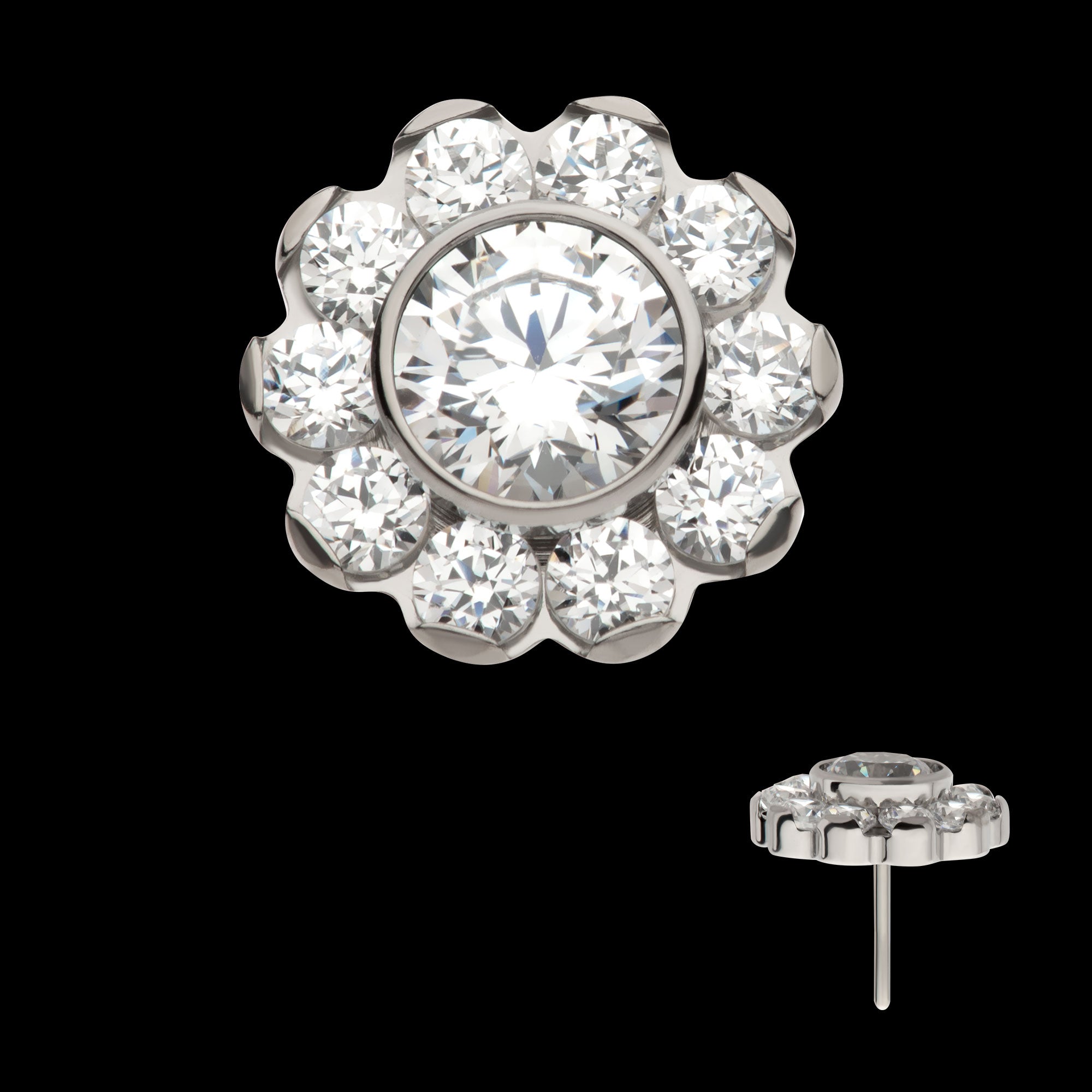 Flower with 11 Clear CZ Flatback Stud Earring / Nosering - Clear CZ in Titanium