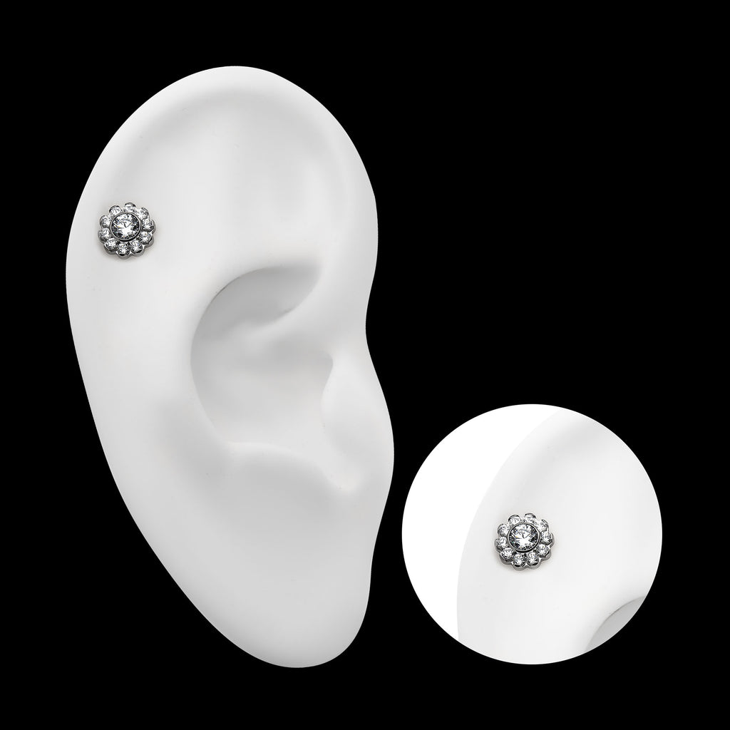 Flower with 11 Clear CZ Flatback Stud Earring / Nosering - Clear CZ in Titanium