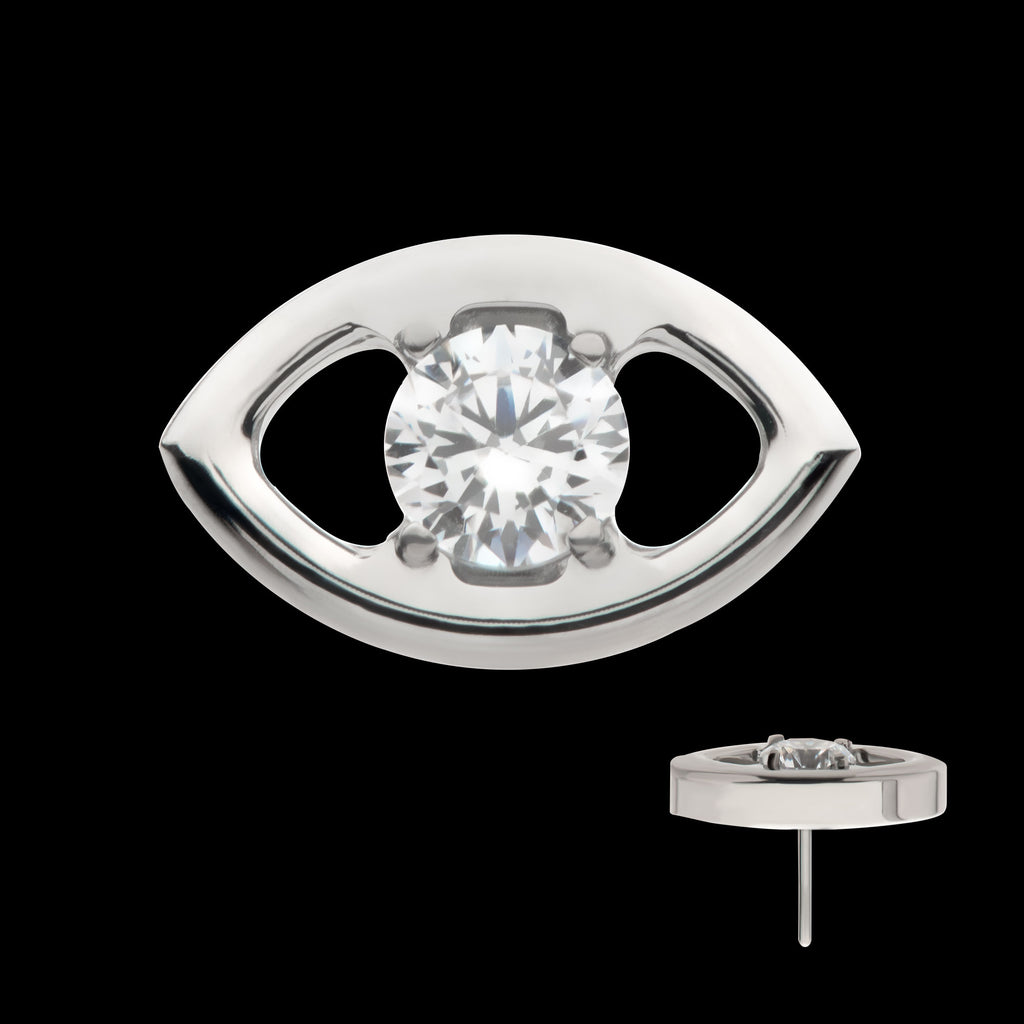 Cut Out Evil Eye with 4 Prong Clear CZ Flatback Stud Earring / Nosering - Clear CZ in Titanium