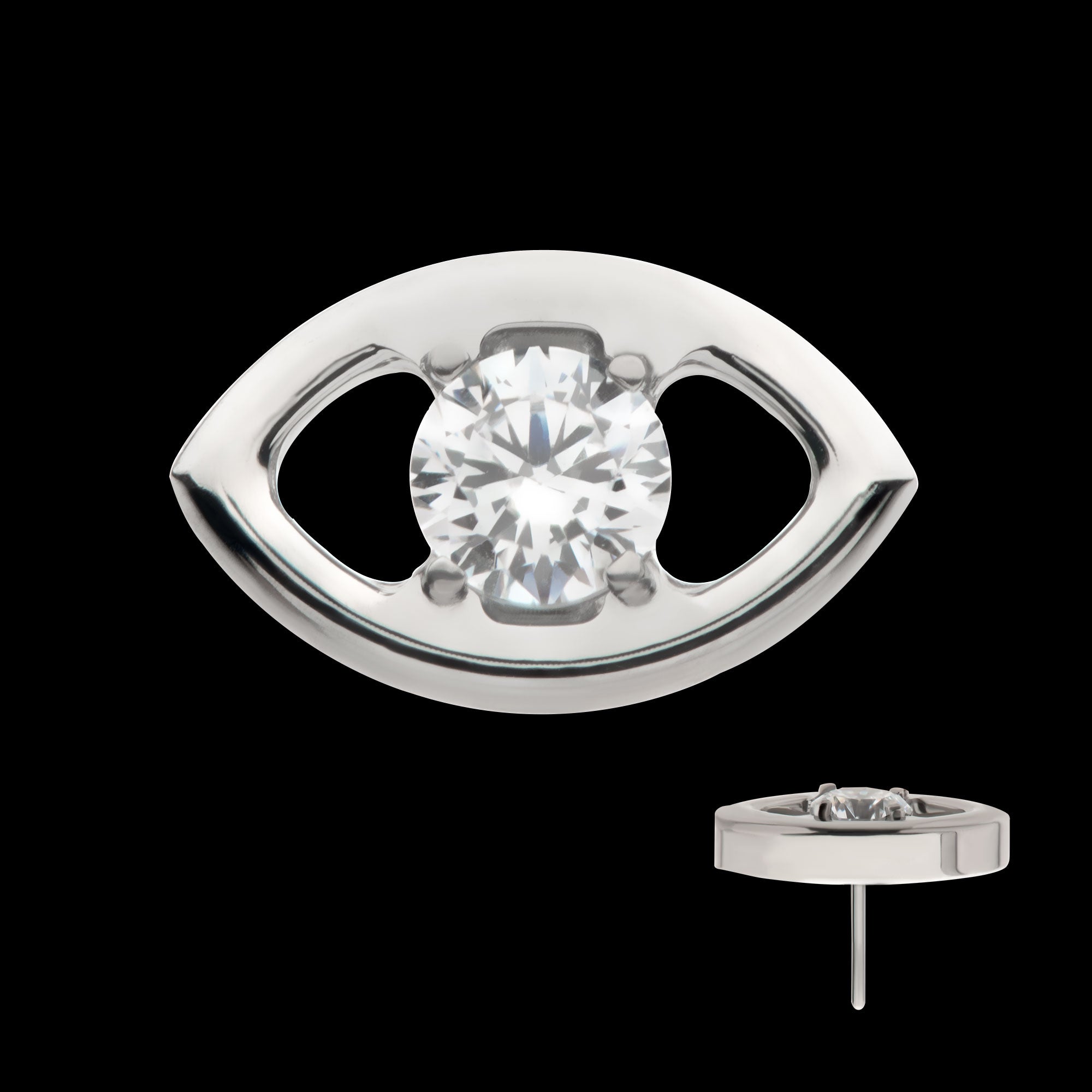Cut Out Evil Eye with 4 Prong Clear CZ Flatback Stud Earring / Nosering - Clear CZ in Titanium
