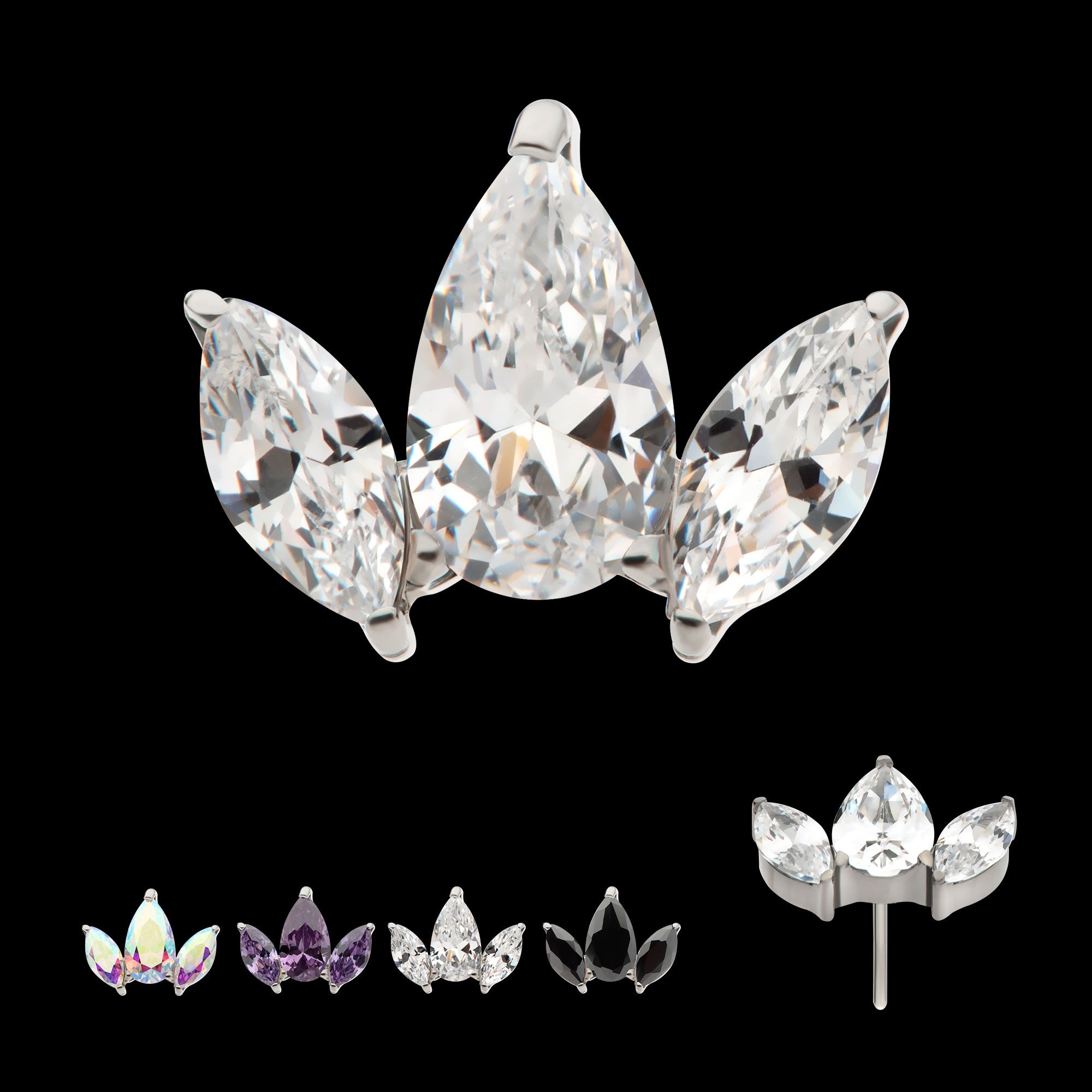 3 Cluster with Prong Set Teardrop & Marquise CZ Flatback Stud Earring / Nosering - CZ in Titanium