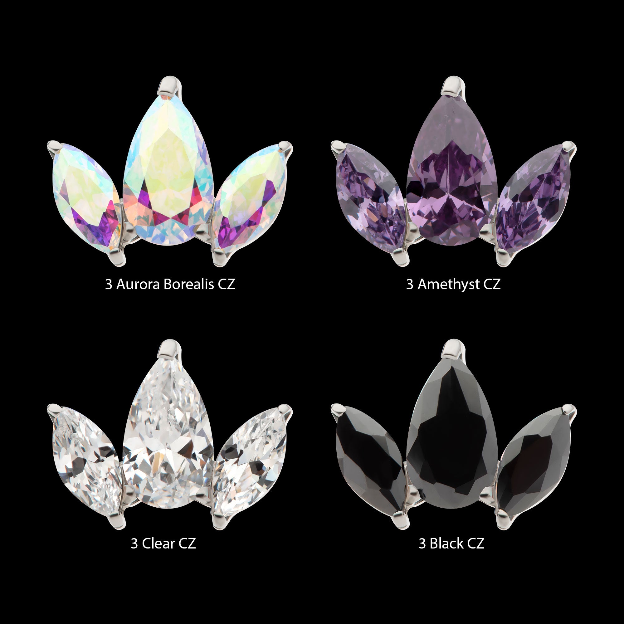 3 Cluster with Prong Set Teardrop & Marquise CZ Flatback Stud Earring / Nosering - CZ in Titanium