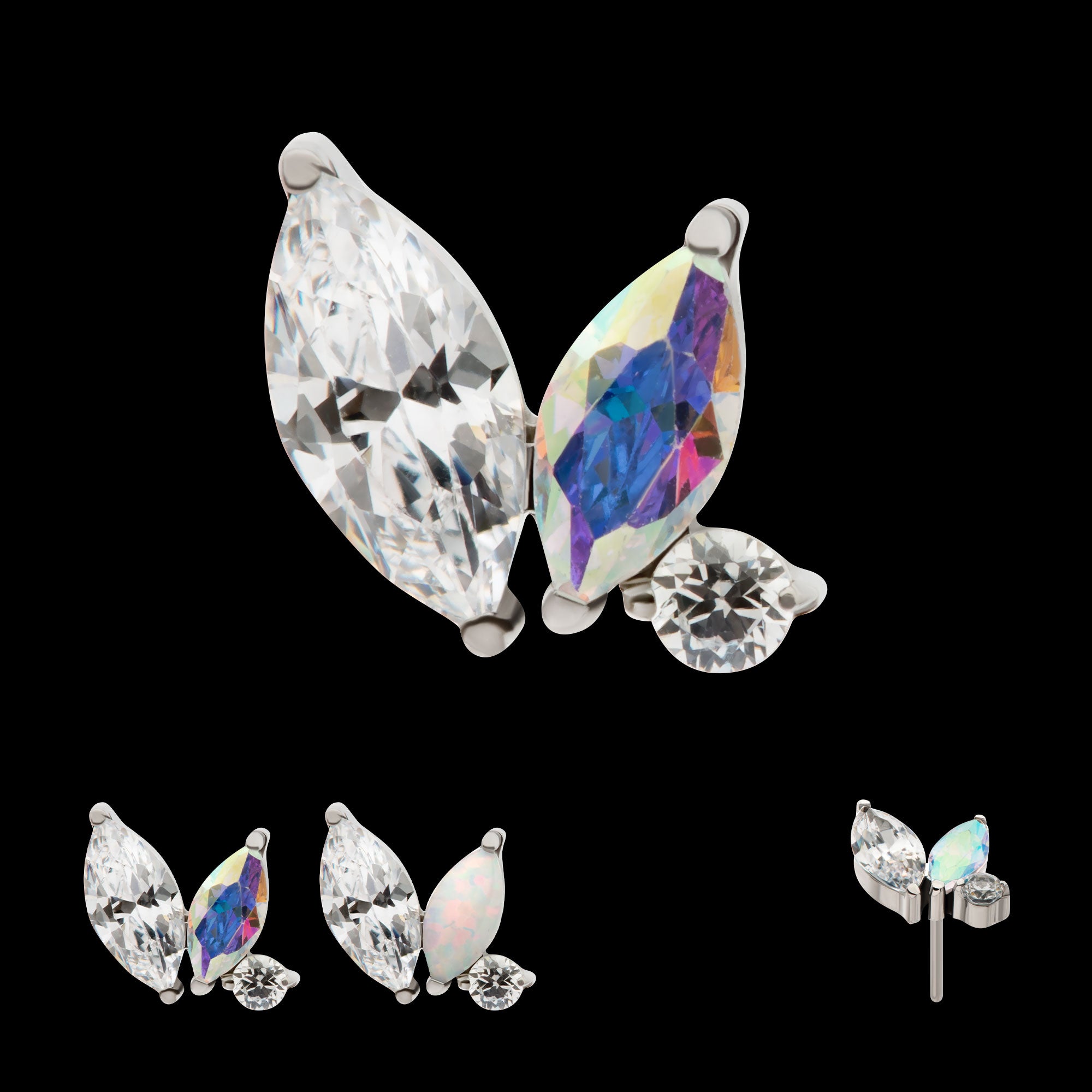Prong Set Marquise & Round CZ/Opal Staggered 3 Cluster Flatback Stud Earring / Nosering - Opal & CZ & Opal & CZ in Titanium