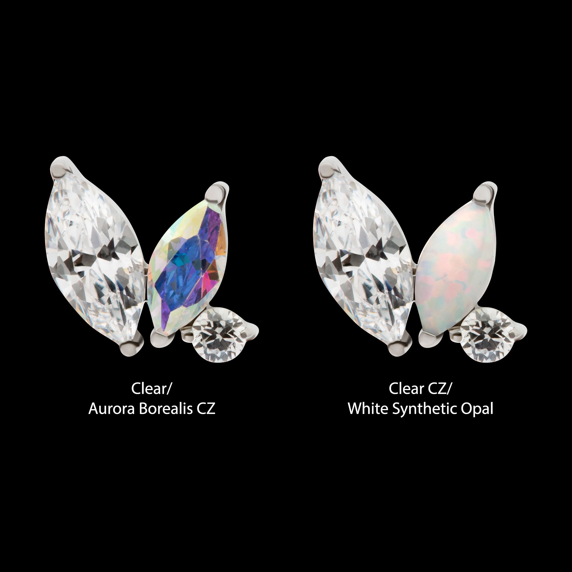 Prong Set Marquise & Round CZ/Opal Staggered 3 Cluster Flatback Stud Earring / Nosering - Opal & CZ & Opal & CZ in Titanium