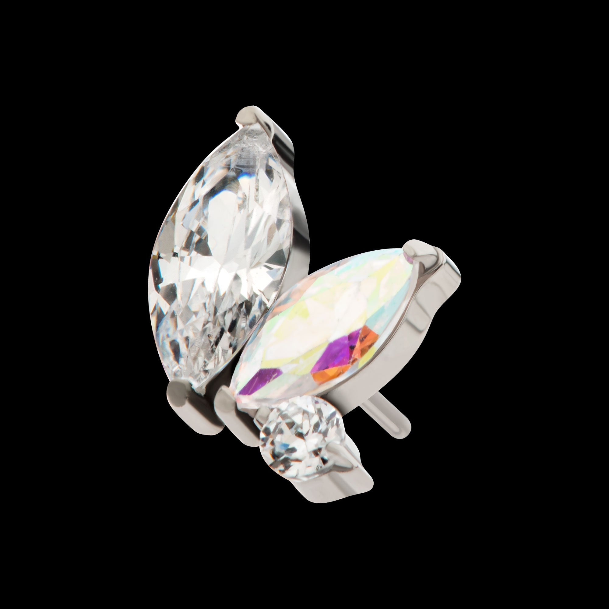 Prong Set Marquise & Round CZ/Opal Staggered 3 Cluster Flatback Stud Earring / Nosering - Opal & CZ & Opal & CZ in Titanium