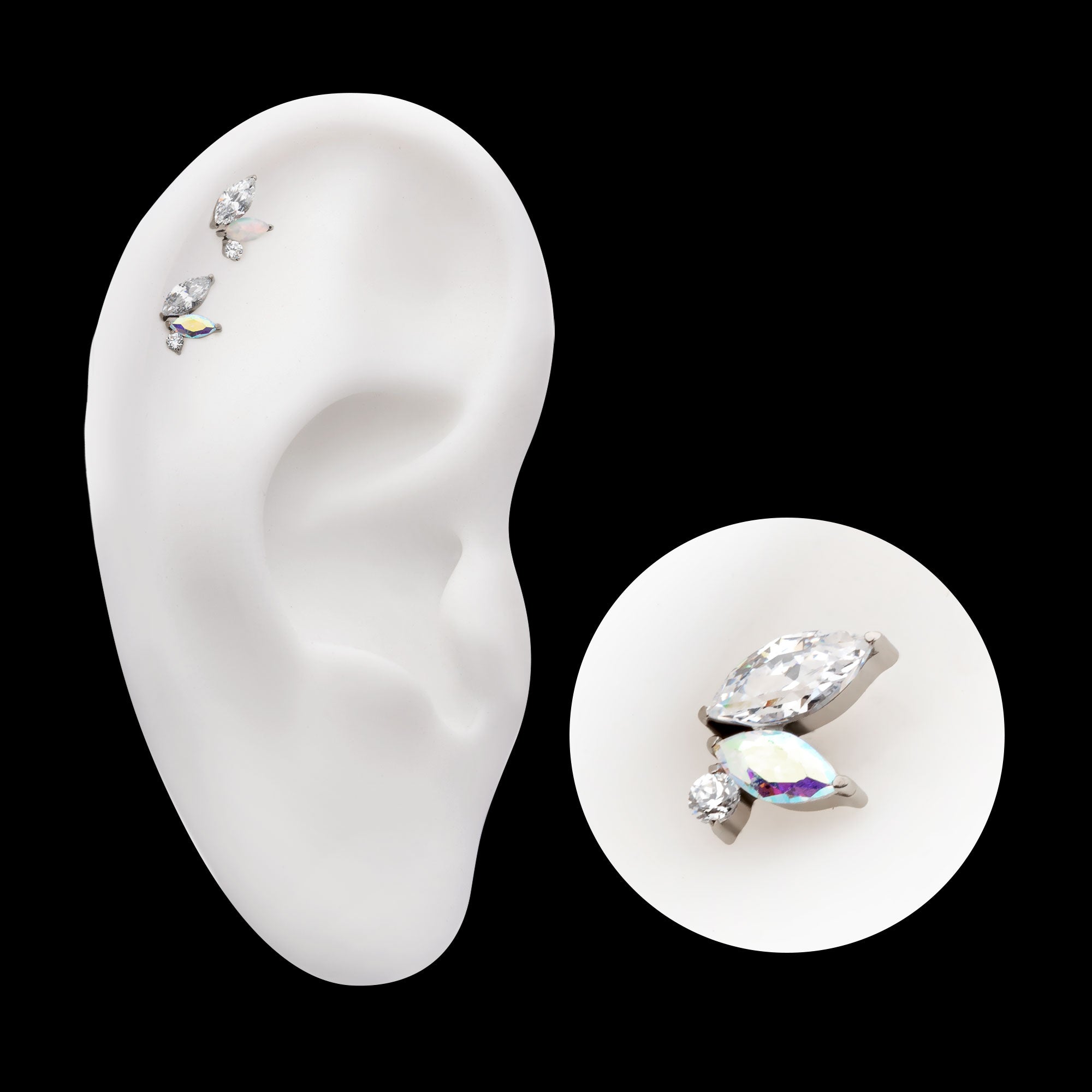 Prong Set Marquise & Round CZ/Opal Staggered 3 Cluster Flatback Stud Earring / Nosering - Opal & CZ & Opal & CZ in Titanium