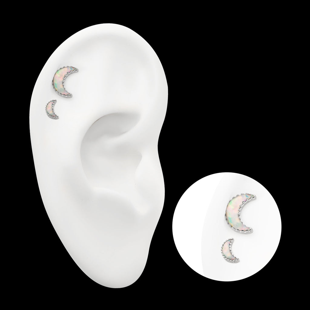 Crescent Moon with Prong Set White Opal Flatback Stud Earring / Nosering - White Opal & Opal in Titanium