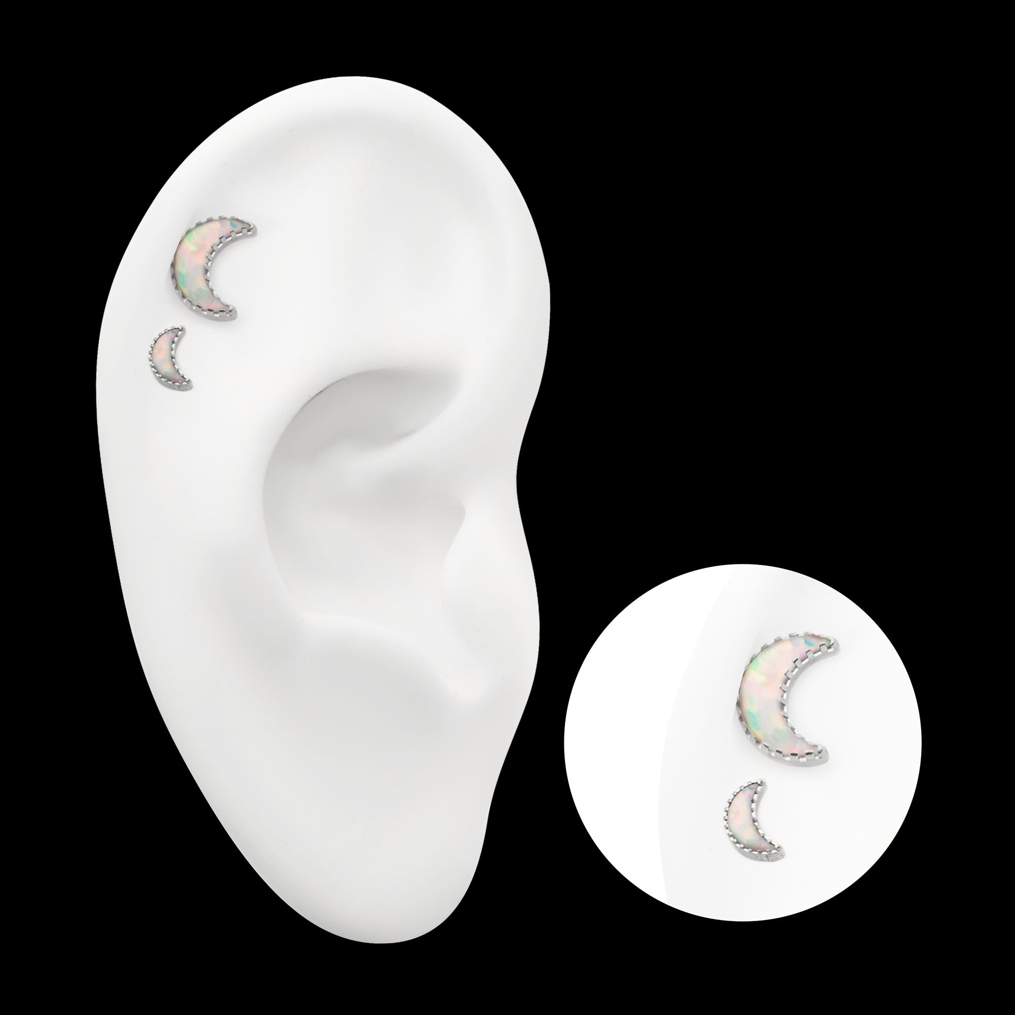 Crescent Moon with Prong Set White Opal Flatback Stud Earring / Nosering - White Opal & Opal in Titanium