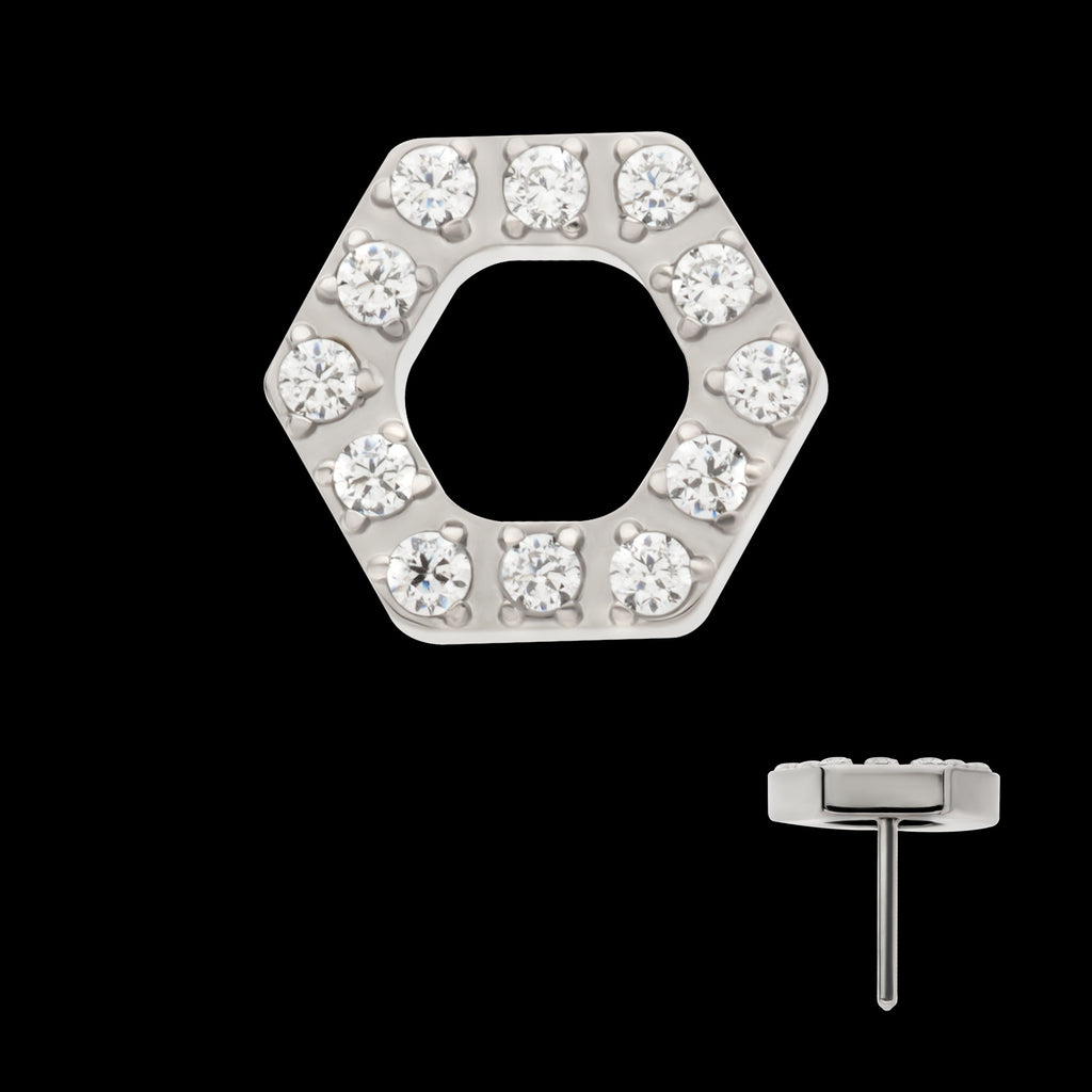 Pave Set Round CZ Gem Hexagon Flatback Stud Earring / Nosering - CZ in Titanium
