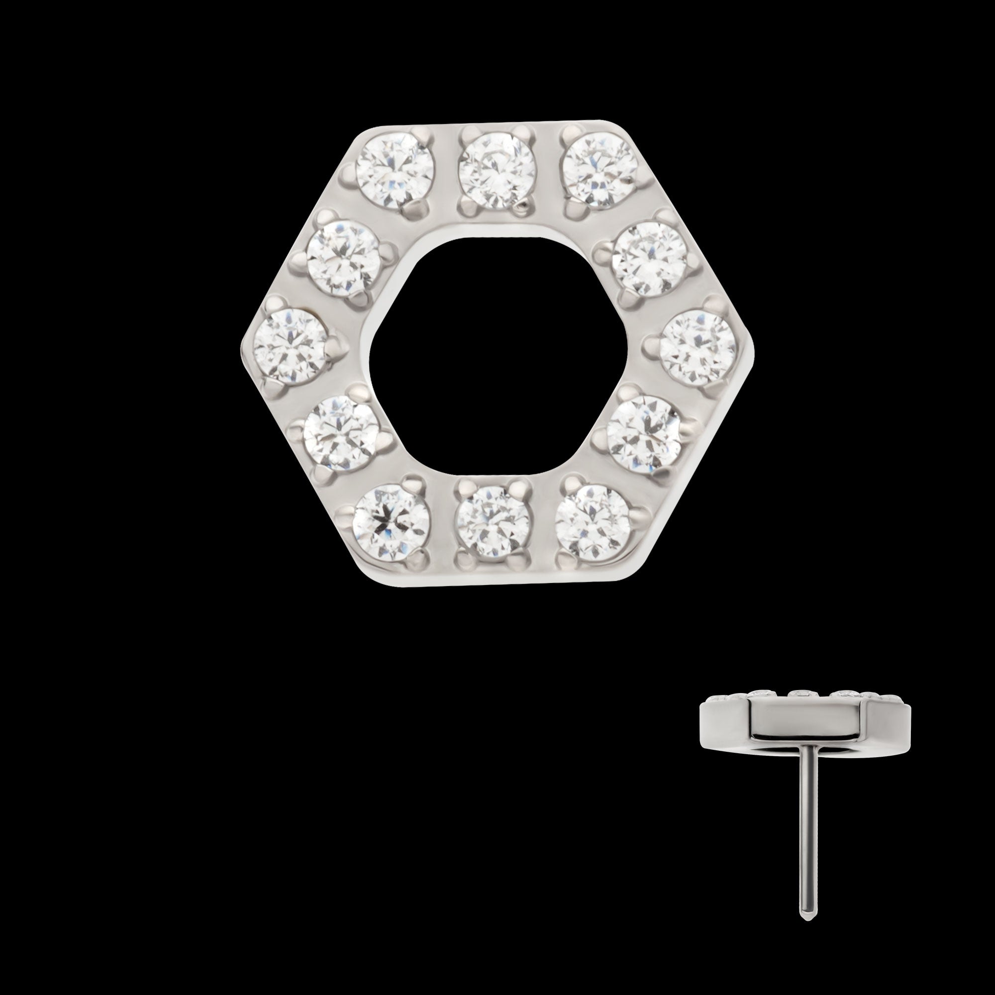Pave Set Round CZ Gem Hexagon Flatback Stud Earring / Nosering - CZ in Titanium