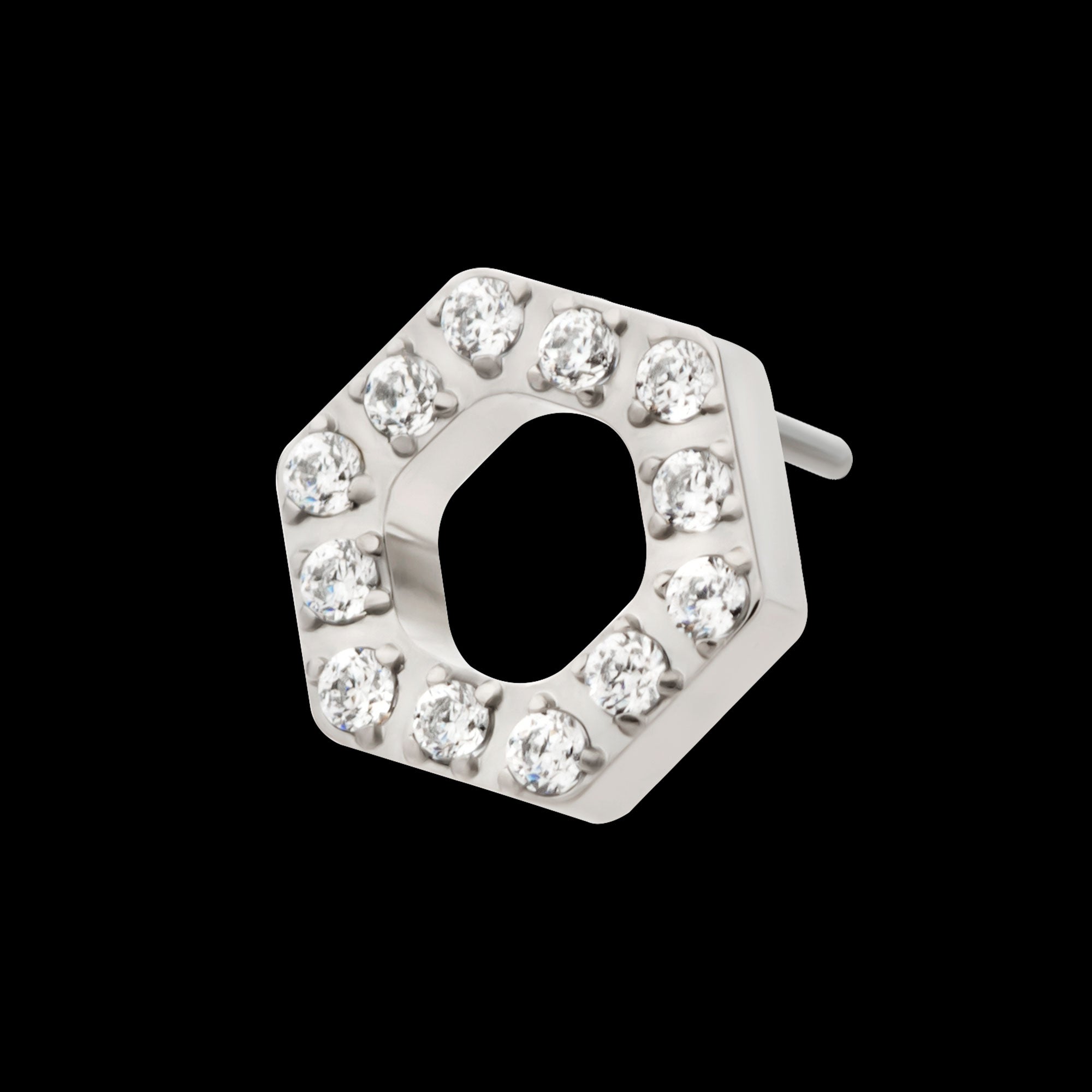 Pave Set Round CZ Gem Hexagon Flatback Stud Earring / Nosering - CZ in Titanium