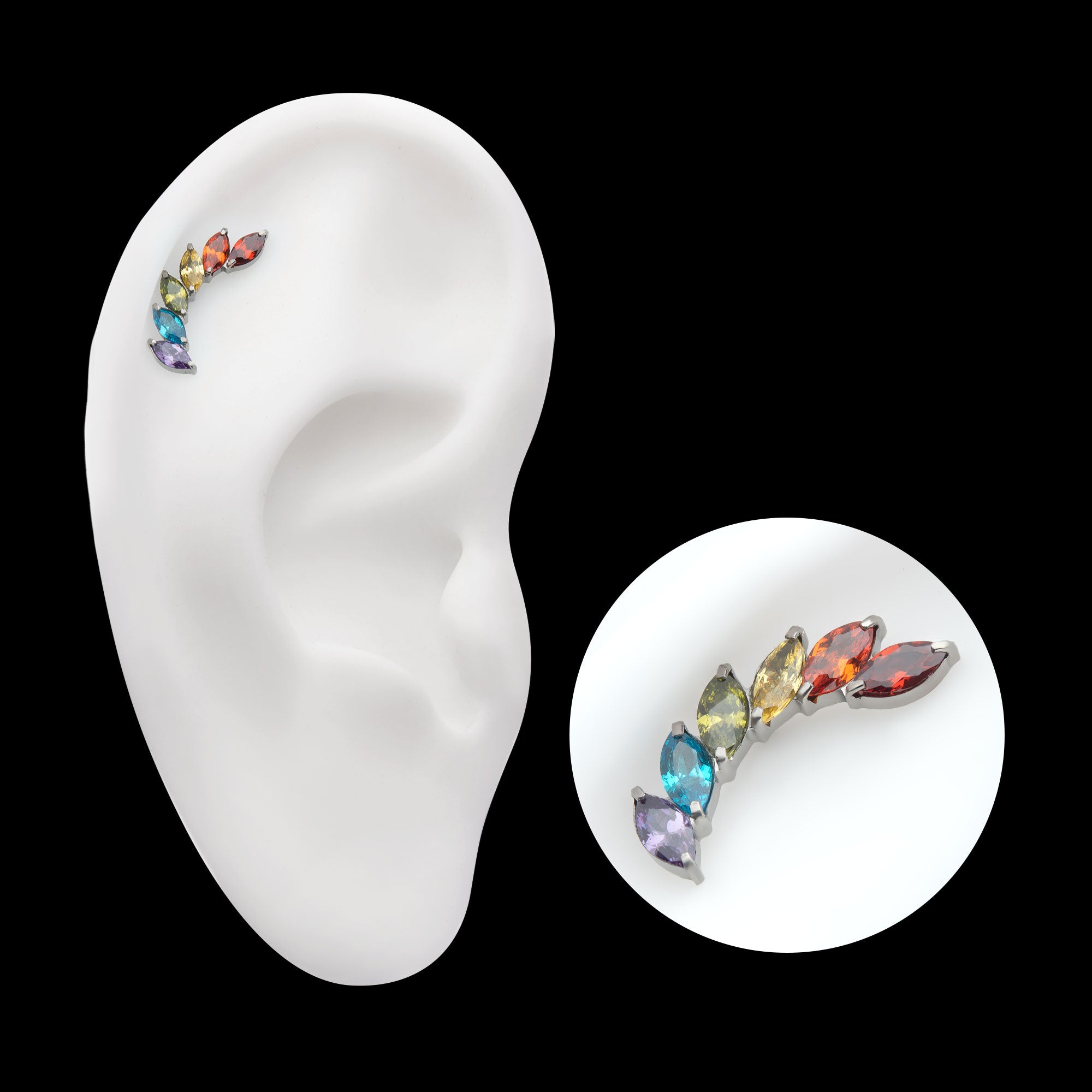 Prong Set Marquise CZ Staggered 6-Cluster Flatback Stud Earring / Nosering - CZ in Titanium
