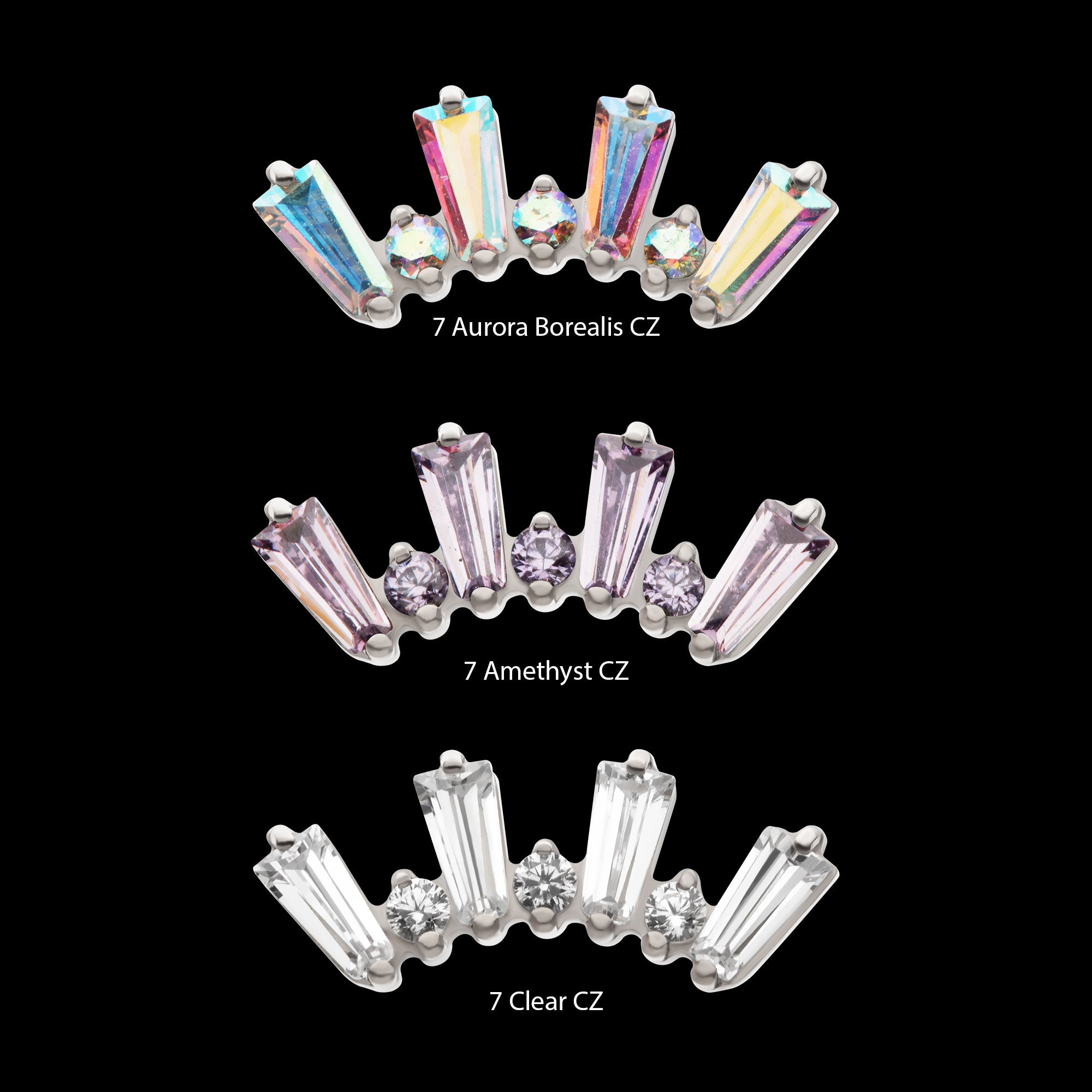 Prong Set Baguette & Round CZ 7-Cluster Flatback Stud Earring / Nosering - CZ in Titanium