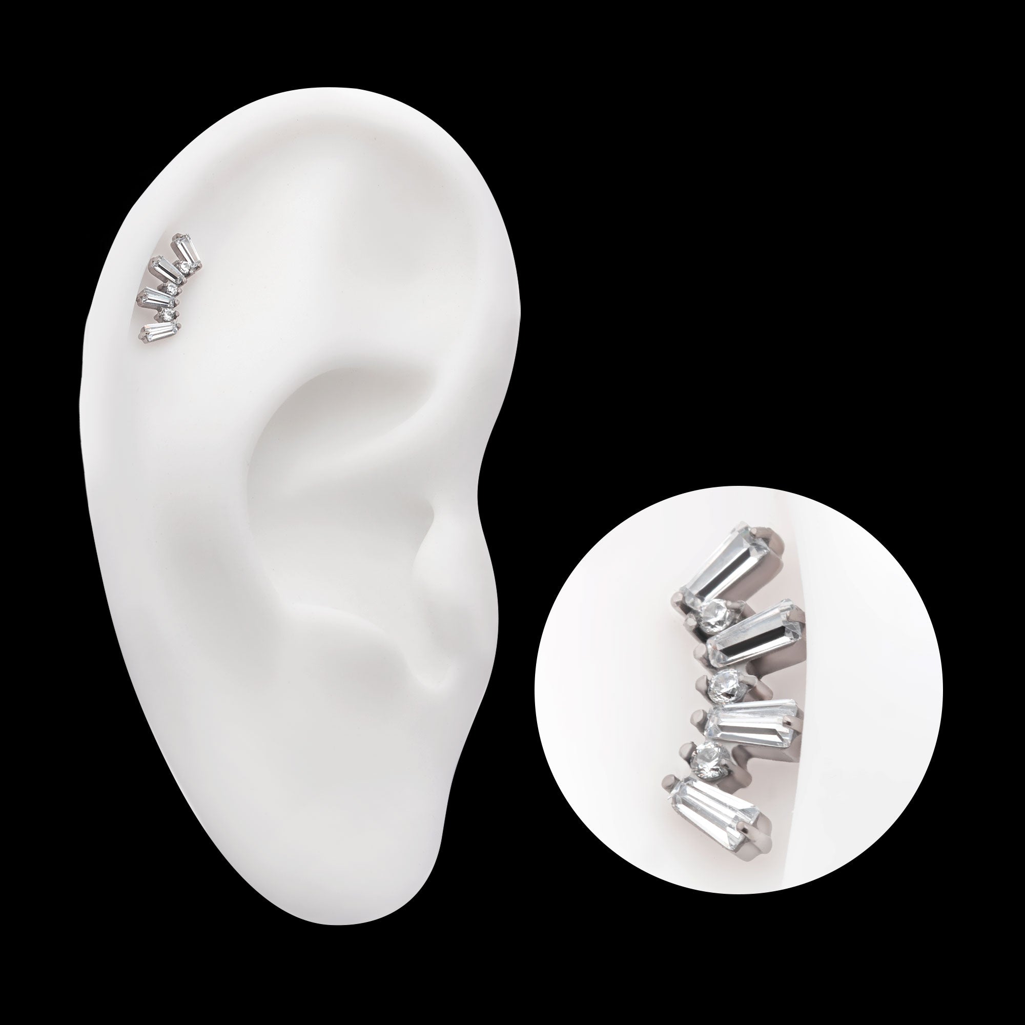 Prong Set Baguette & Round CZ 7-Cluster Flatback Stud Earring / Nosering - CZ in Titanium