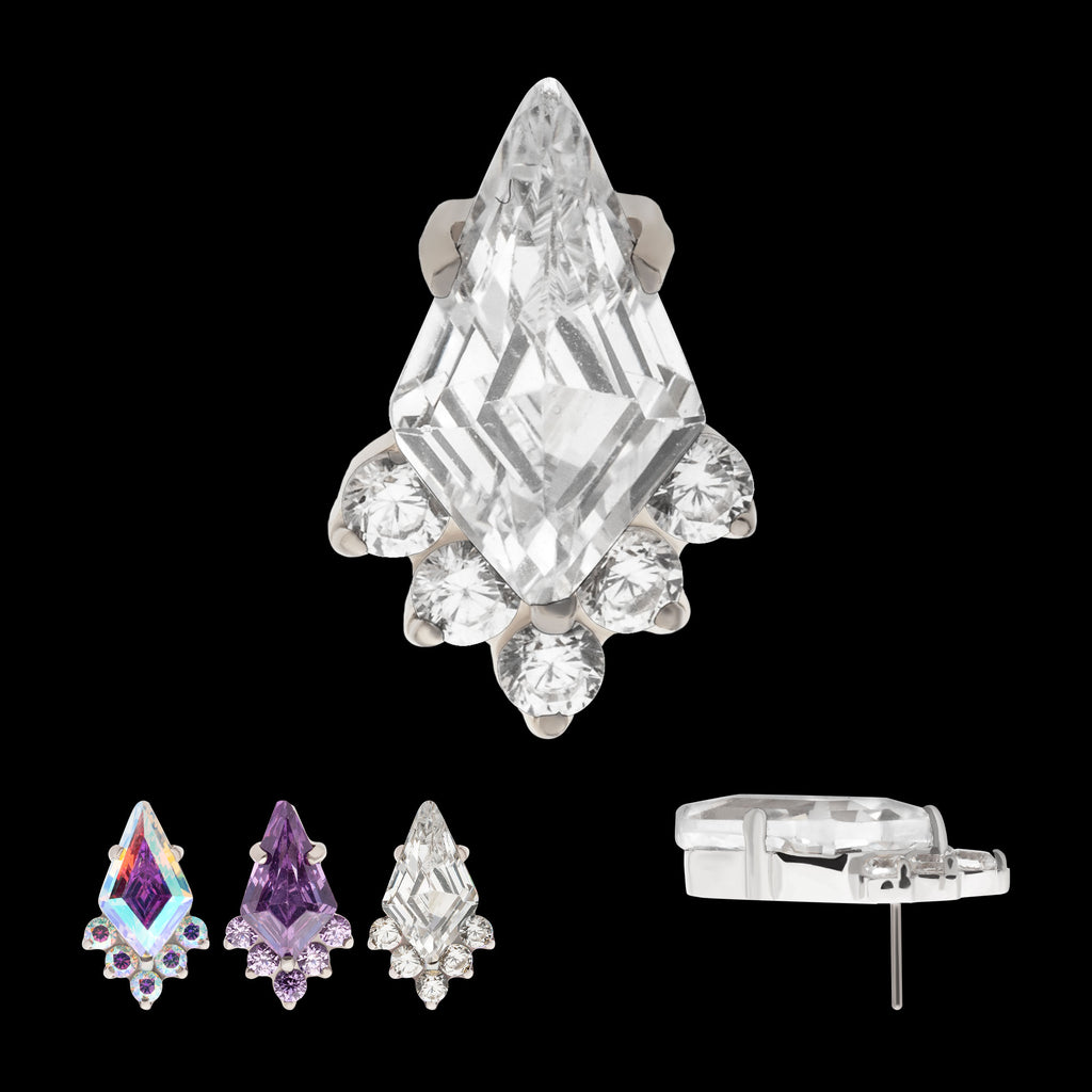 Prong Set Kite Shape CZ with 5-Cluster Round CZ Flatback Stud Earring / Nosering - CZ in Titanium