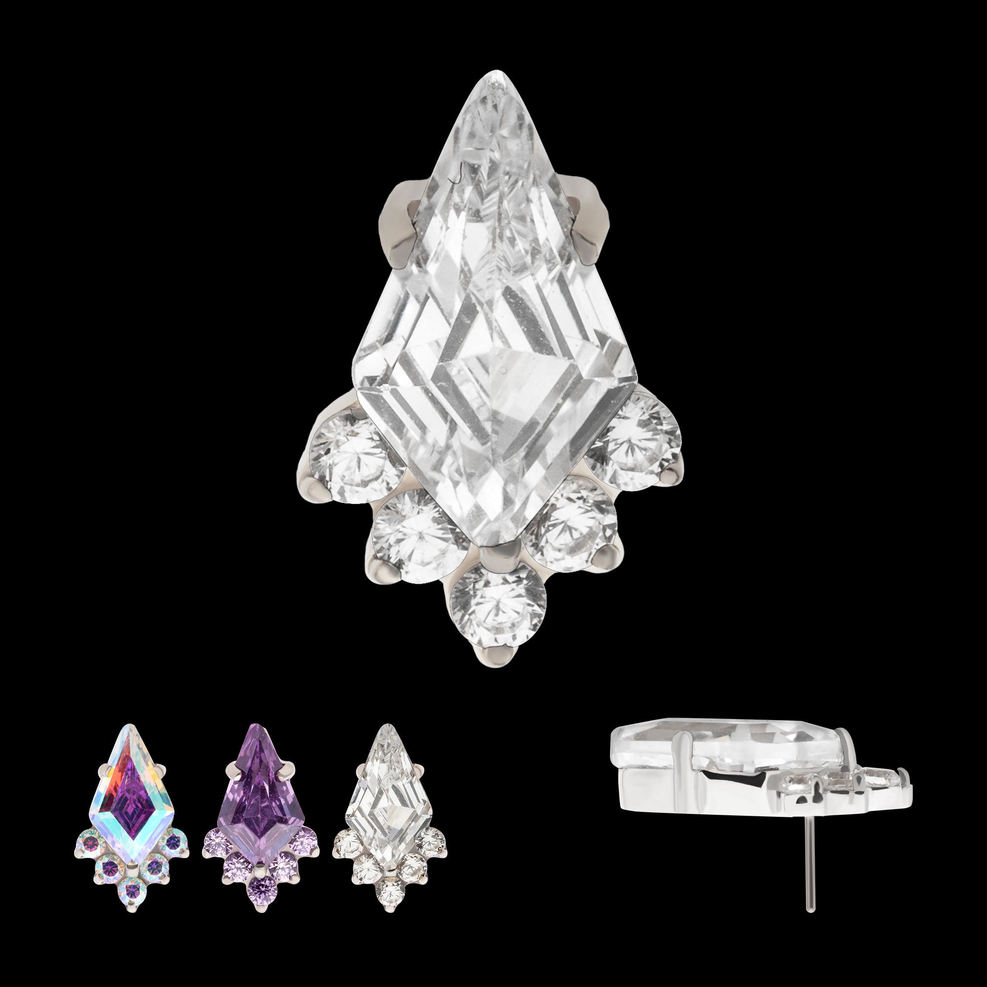 Prong Set Kite Shape CZ with 5-Cluster Round CZ Flatback Stud Earring / Nosering - CZ in Titanium