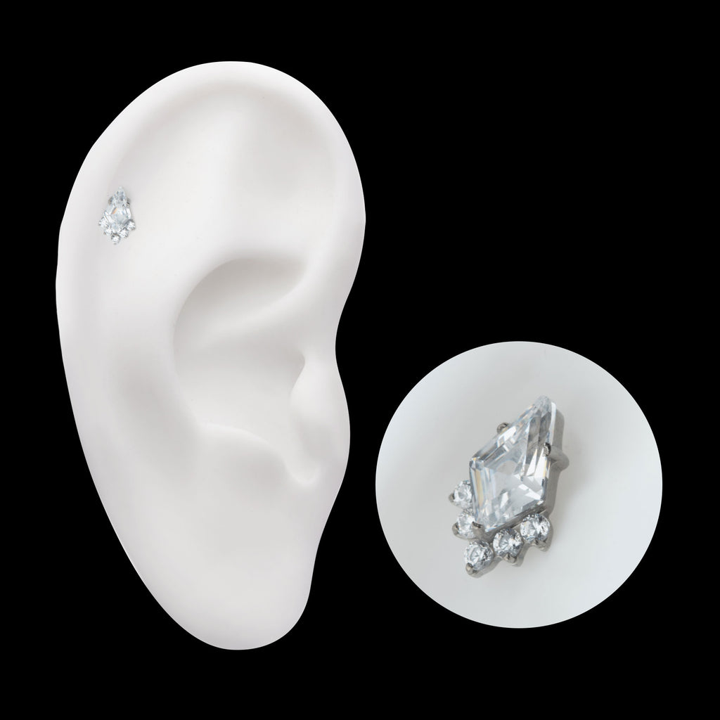 Prong Set Kite Shape CZ with 5-Cluster Round CZ Flatback Stud Earring / Nosering - CZ in Titanium