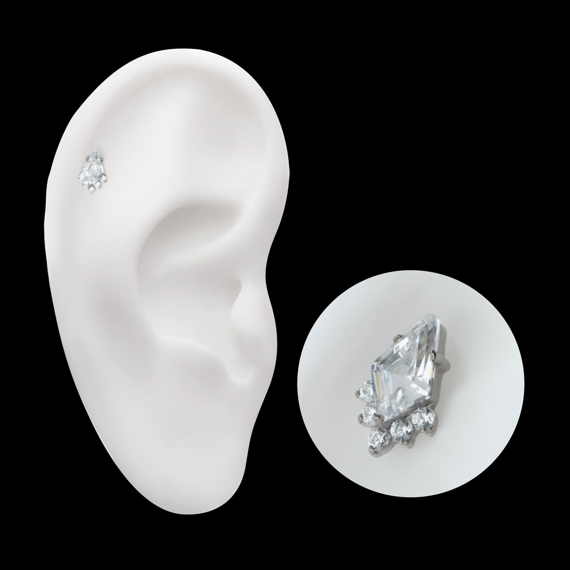 Prong Set Kite Shape CZ with 5-Cluster Round CZ Flatback Stud Earring / Nosering - CZ in Titanium