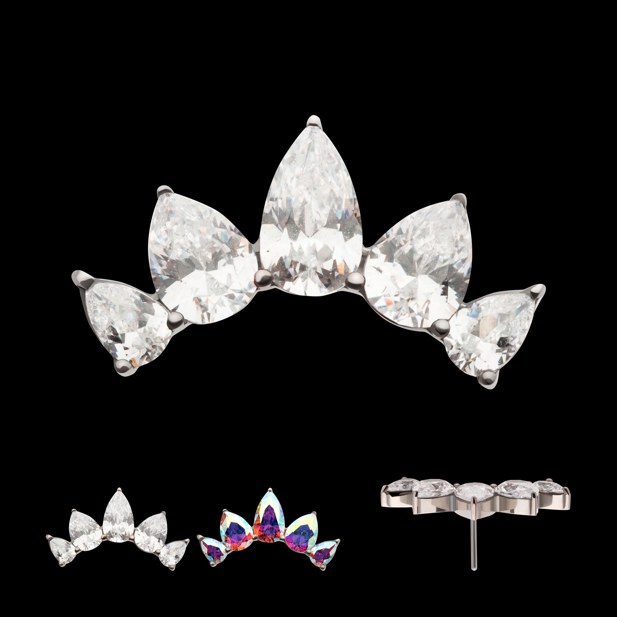 Prong Set Teardrop CZ 5-Cluster Fan Shape Flatback Stud Earring / Nosering - CZ in Titanium