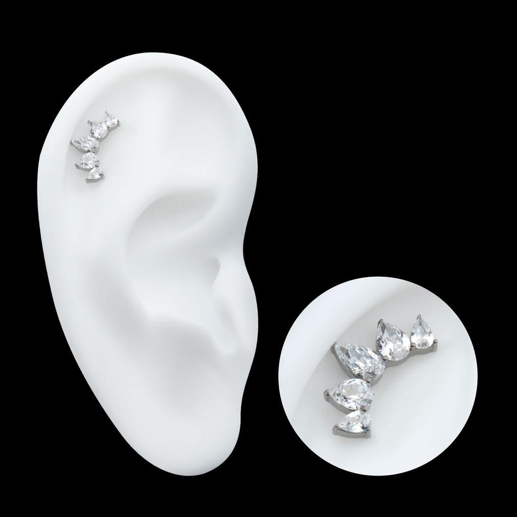 Prong Set Teardrop CZ 5-Cluster Fan Shape Flatback Stud Earring / Nosering - CZ in Titanium