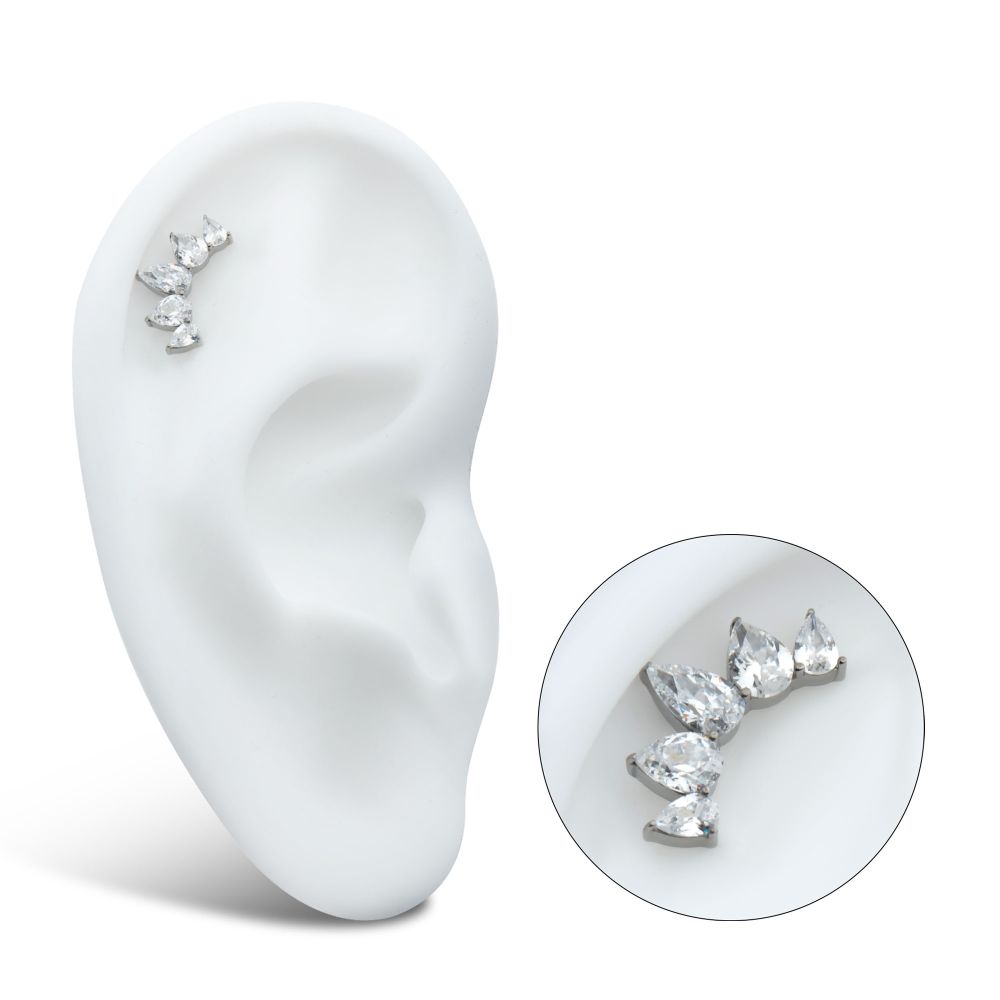 Teardrop CZ 5-Cluster Fan Prong-Set Threadless Earring / Nosering – Titanium