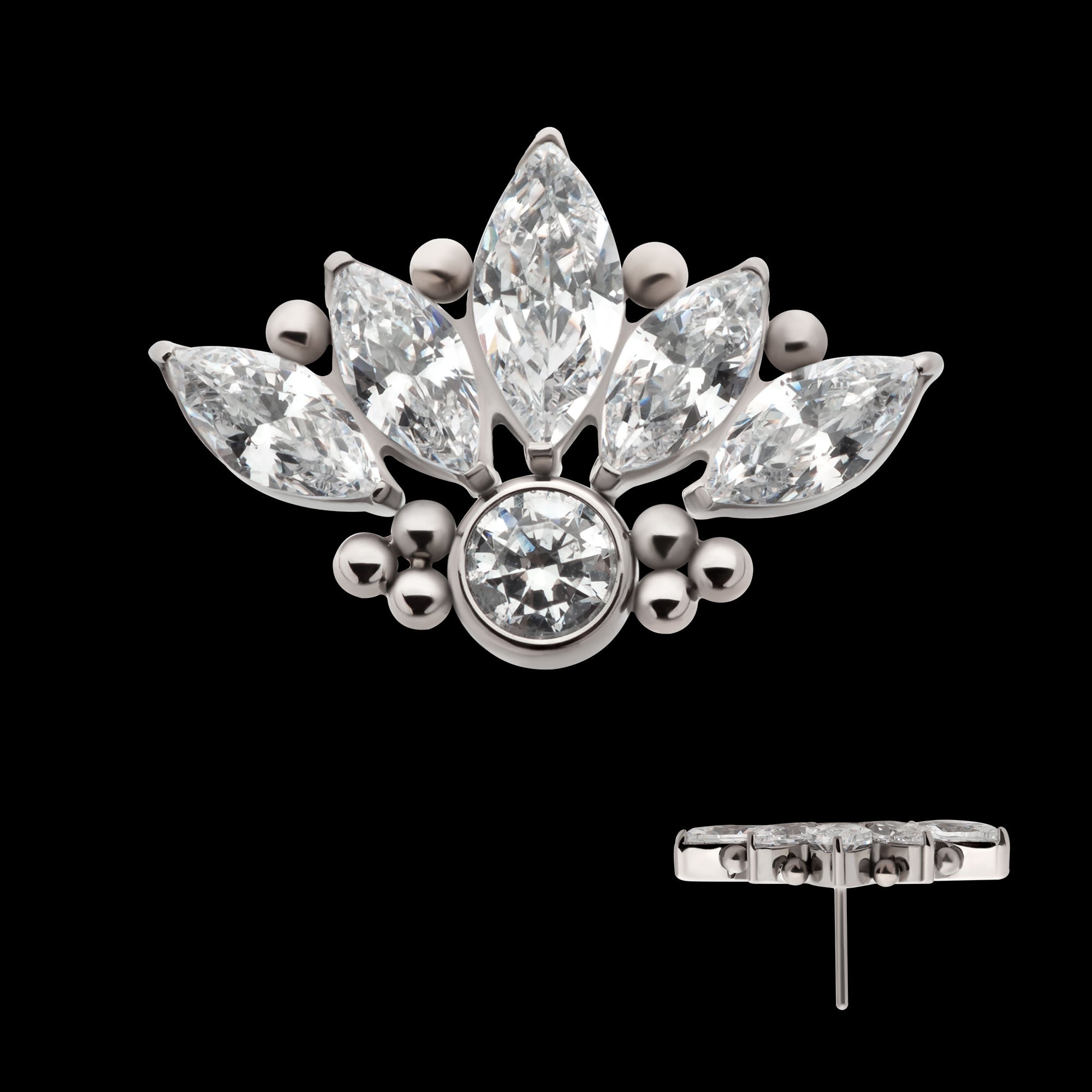 5-Cluster Prong Set Marquise CZ with Beads & Bezet Set Round CZ Flatback Stud Earring / Nosering - CZ in Titanium