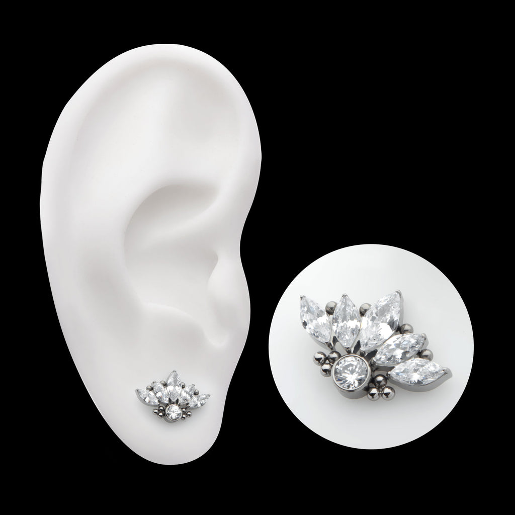 5-Cluster Prong Set Marquise CZ with Beads & Bezet Set Round CZ Flatback Stud Earring / Nosering - CZ in Titanium