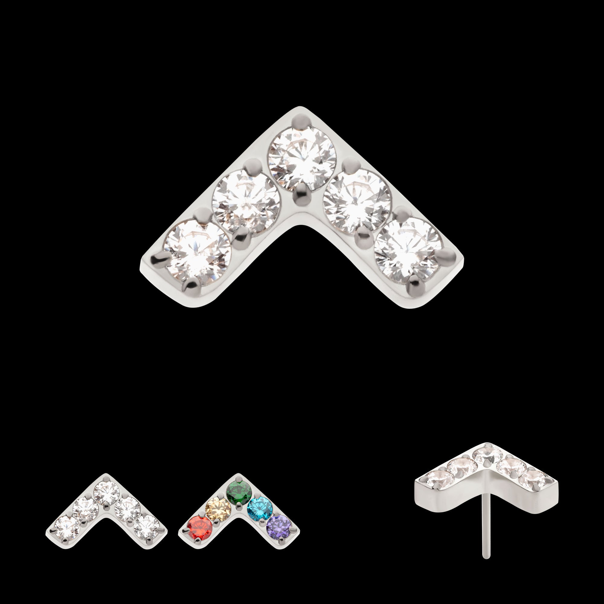 Prong Set 5 Round CZ Chevron Shape Flatback Stud Earring / Nosering - CZ in Titanium