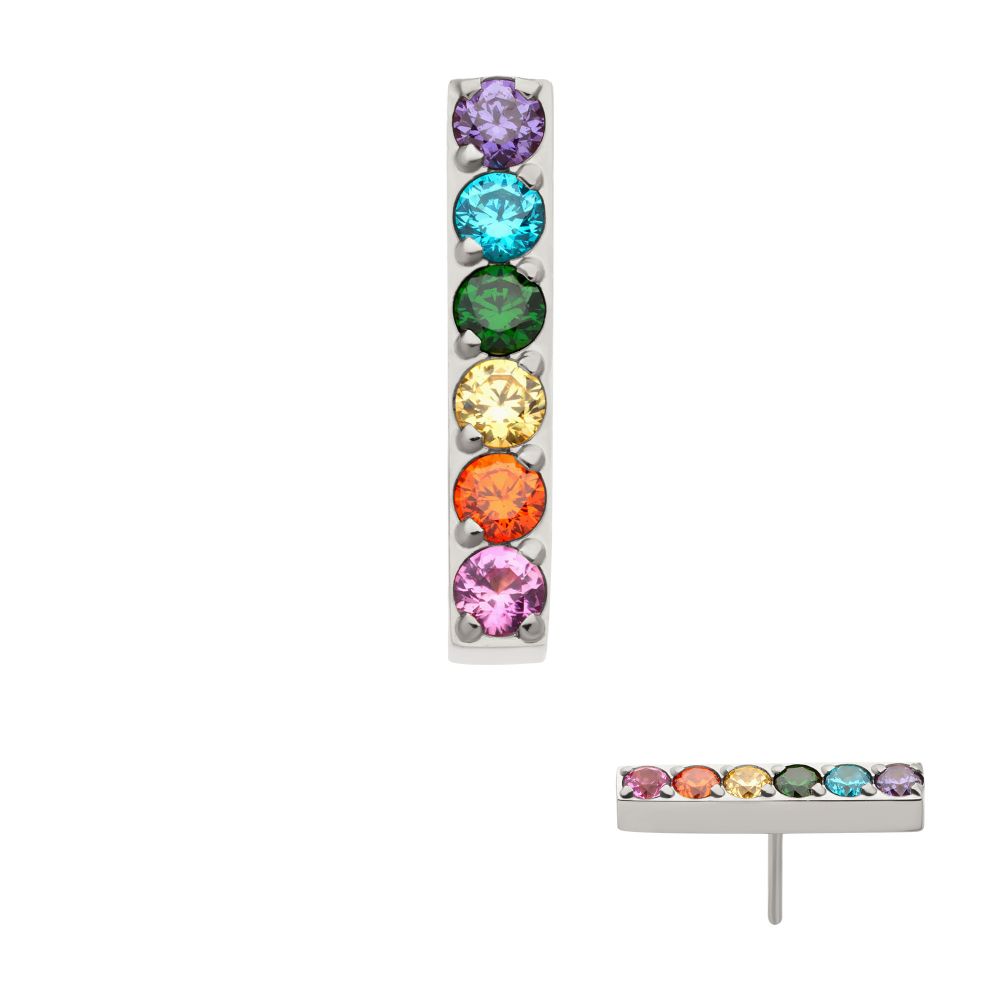 Rainbow CZ 6-Cluster Bar Prong-Set Threadless Earring / Nosering – Titanium
