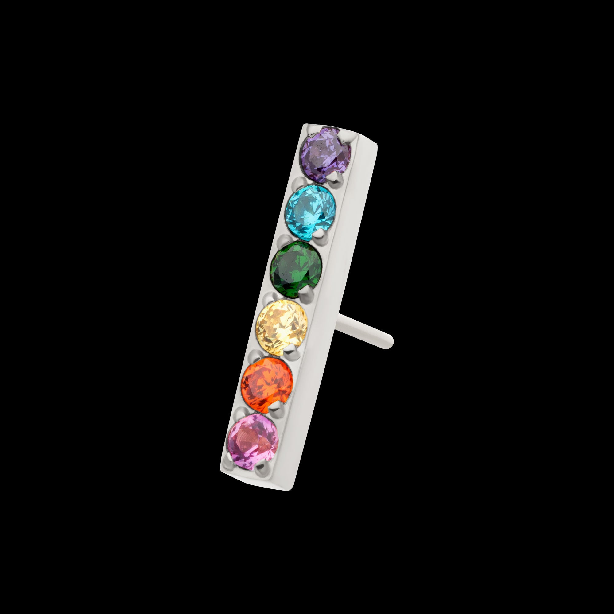 Rainbow CZ 6-Cluster Bar Prong-Set Threadless Earring / Nosering – Titanium