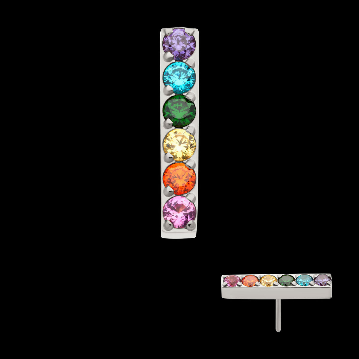 Rainbow CZ 6-Cluster Bar Prong-Set Threadless Earring / Nosering – Titanium