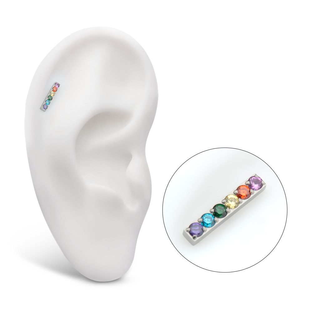 Rainbow CZ 6-Cluster Bar Prong-Set Threadless Earring / Nosering – Titanium