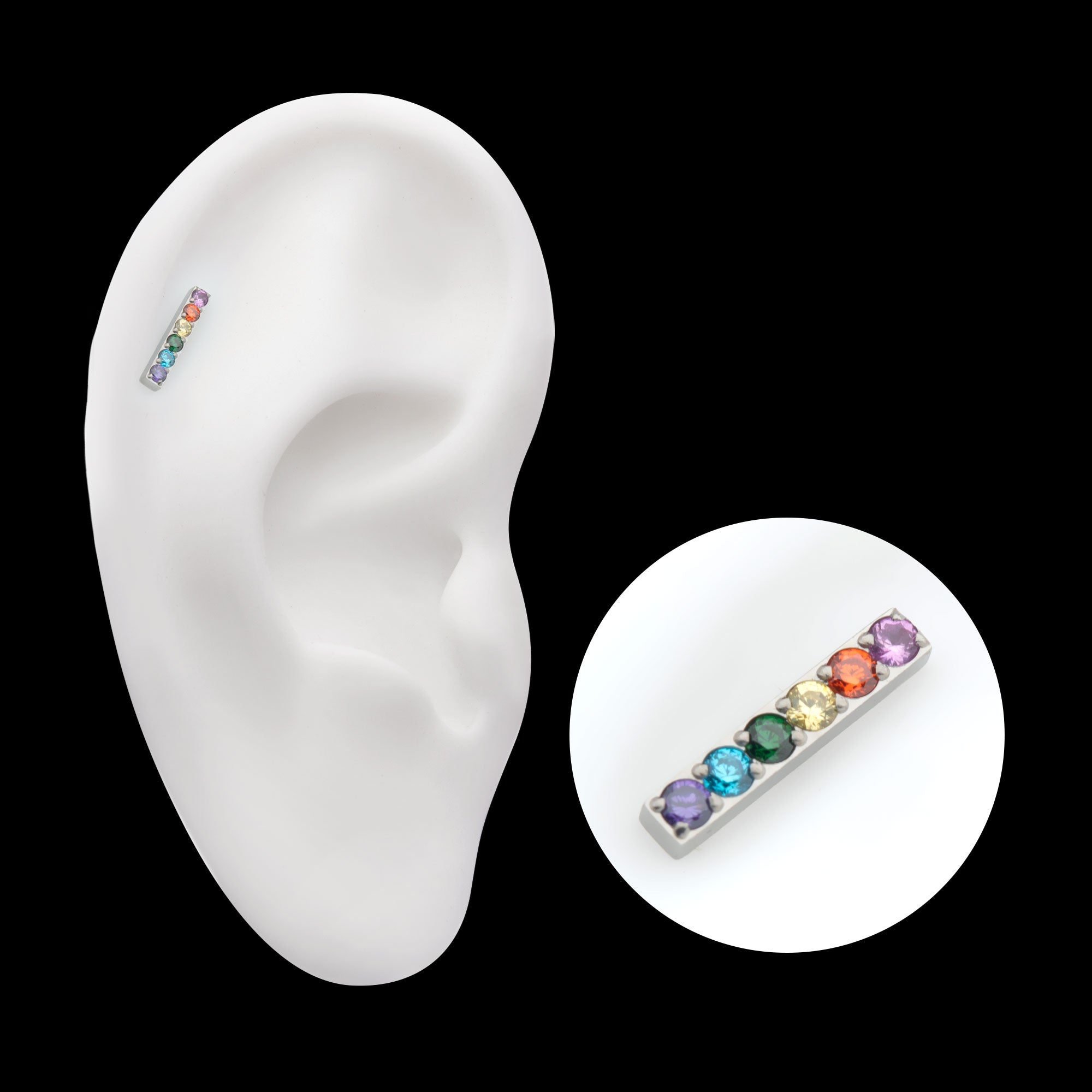 Rainbow CZ 6-Cluster Bar Prong-Set Threadless Earring / Nosering – Titanium