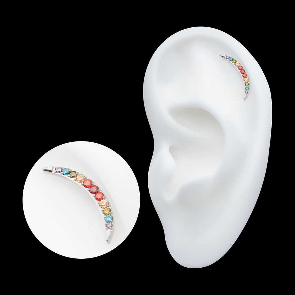 Multicolor CZ Curved Bar Flatback Stud Earring / Nosering - CZ in Titanium