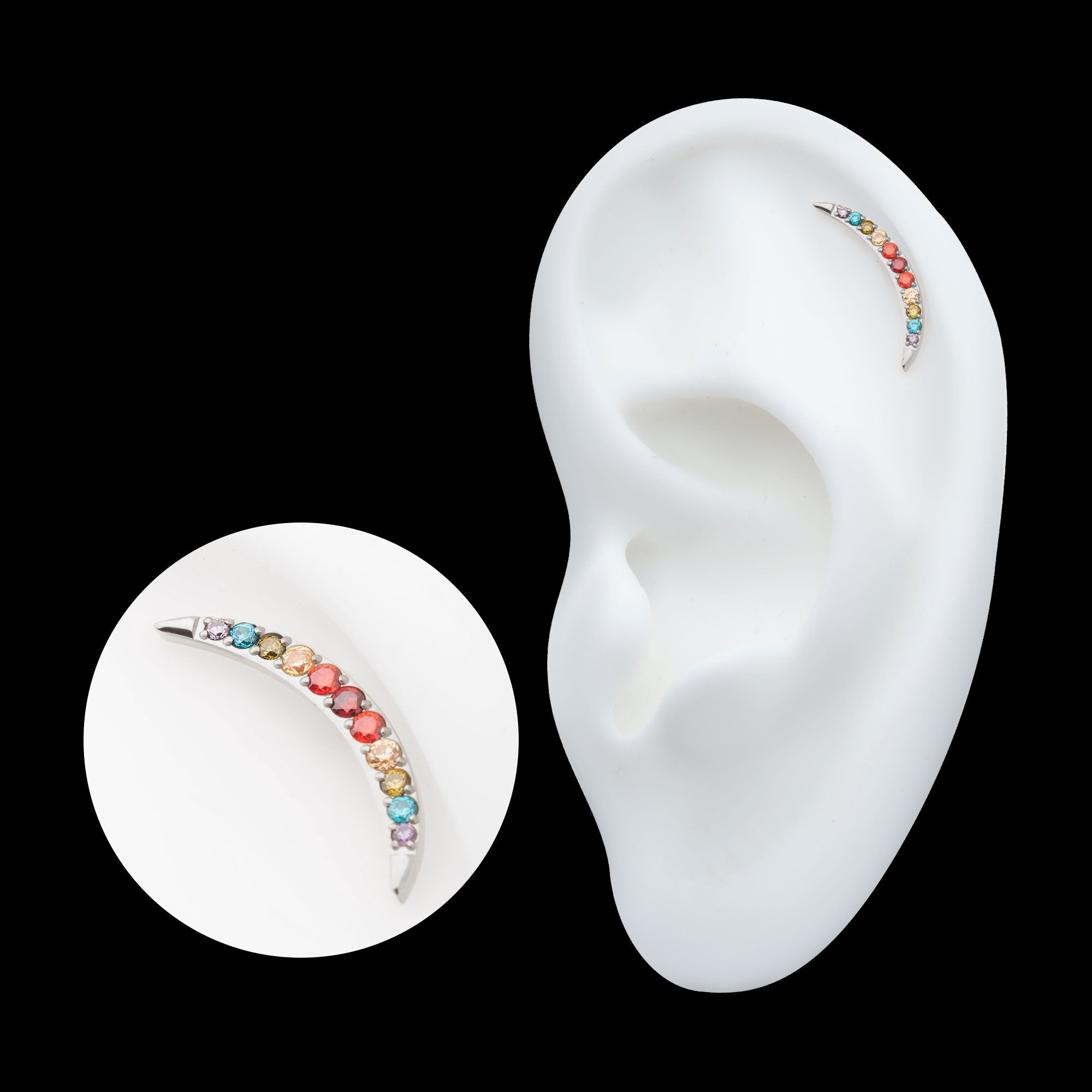 Multicolor CZ Curved Bar Flatback Stud Earring / Nosering - CZ in Titanium