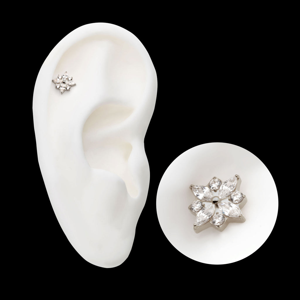 4 Marquise & 4 Round CZ Flower Shape Flatback Stud Earring / Nosering - CZ in Titanium