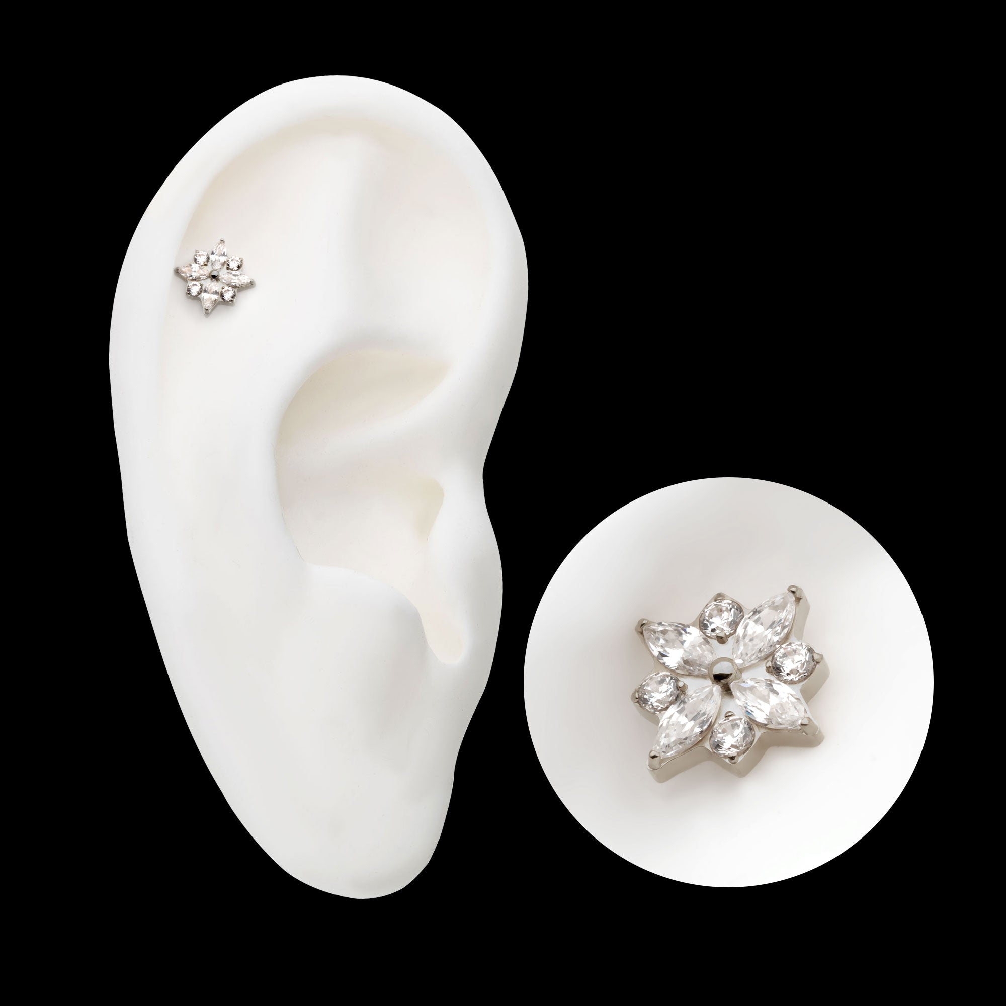 4 Marquise & 4 Round CZ Flower Shape Flatback Stud Earring / Nosering - CZ in Titanium