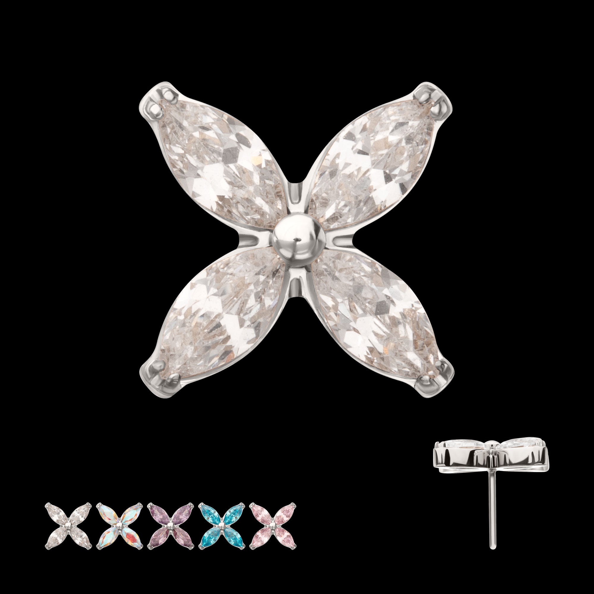 4-Marquise Flower Gem Flatback Stud Earring / Nosering - Gem in Titanium