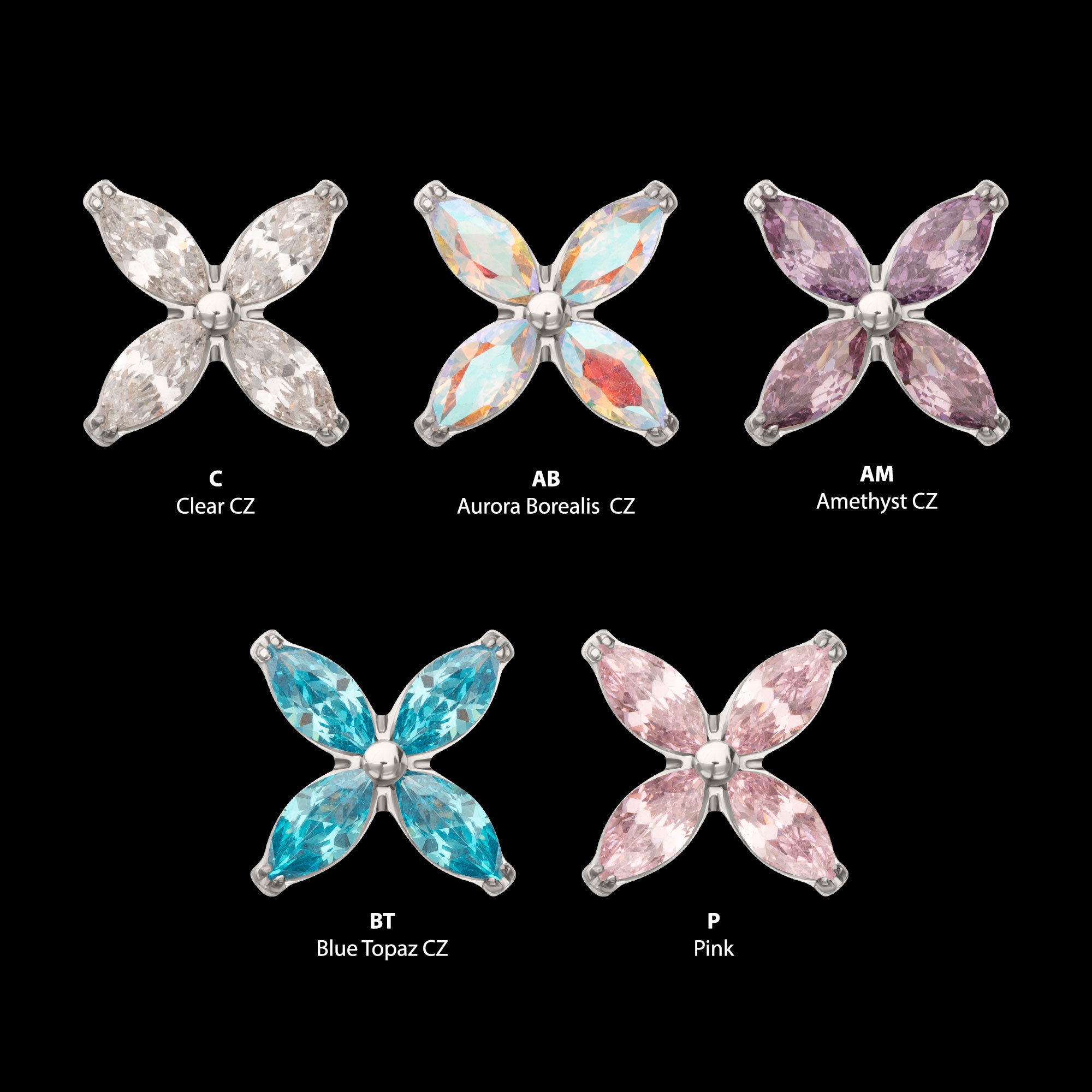 4-Marquise Flower Gem Flatback Stud Earring / Nosering - Gem in Titanium