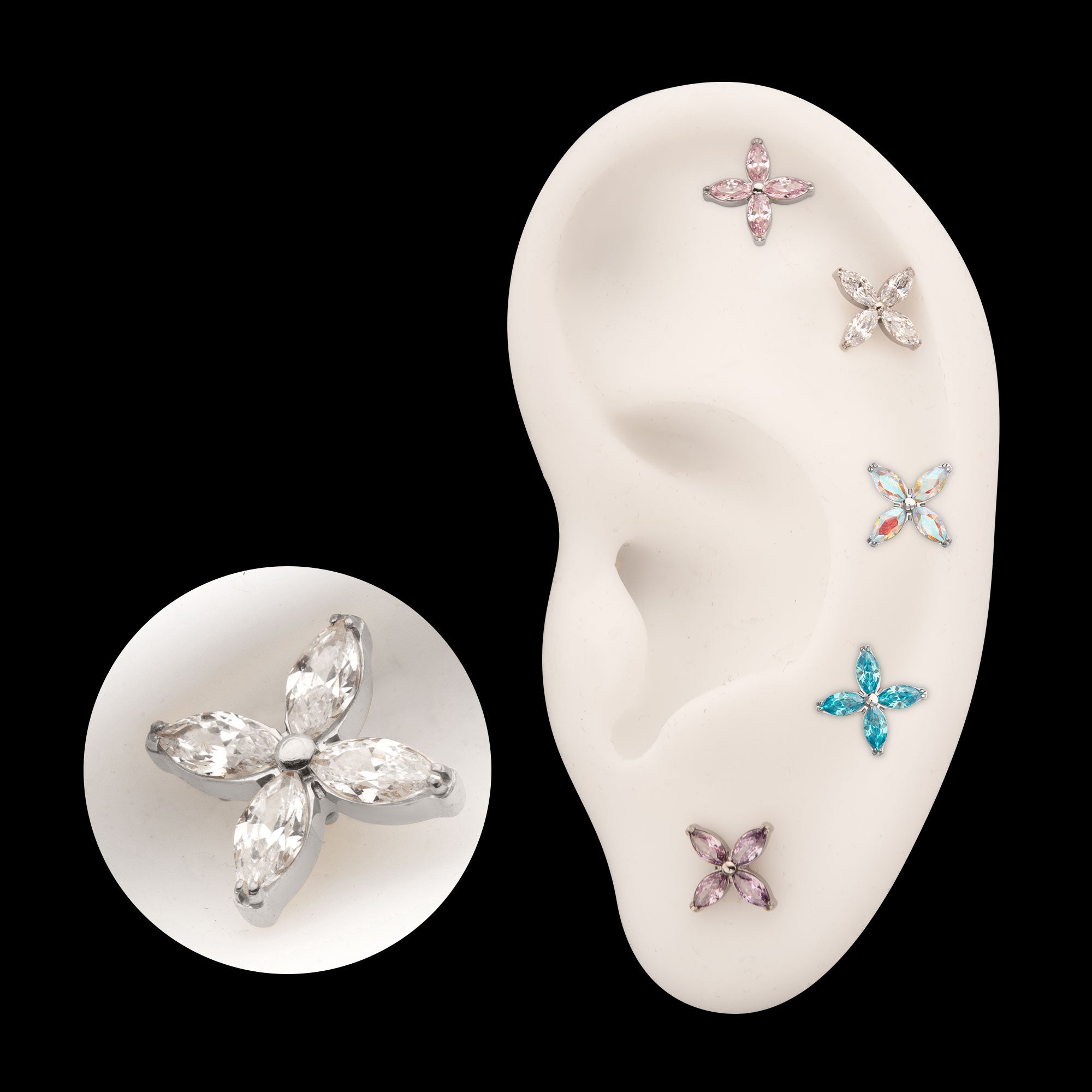 4-Marquise Flower Gem Flatback Stud Earring / Nosering - Gem in Titanium