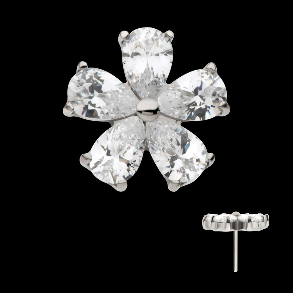Prong Set CZ Gem 5-Petal Flower Flatback Stud Earring / Nosering - CZ in Titanium