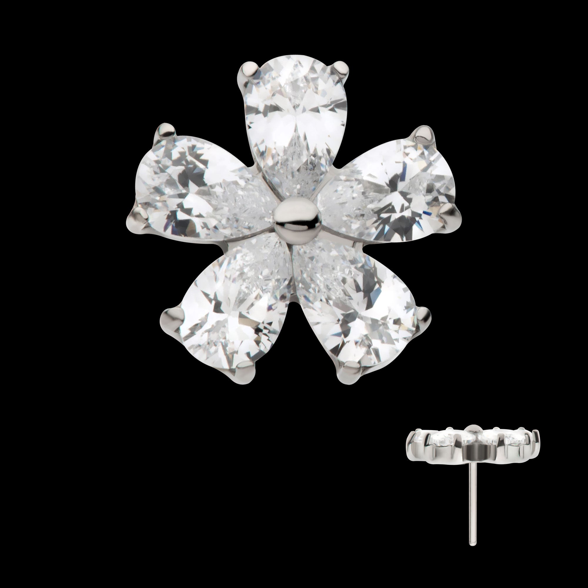 Prong Set CZ Gem 5-Petal Flower Flatback Stud Earring / Nosering - CZ in Titanium