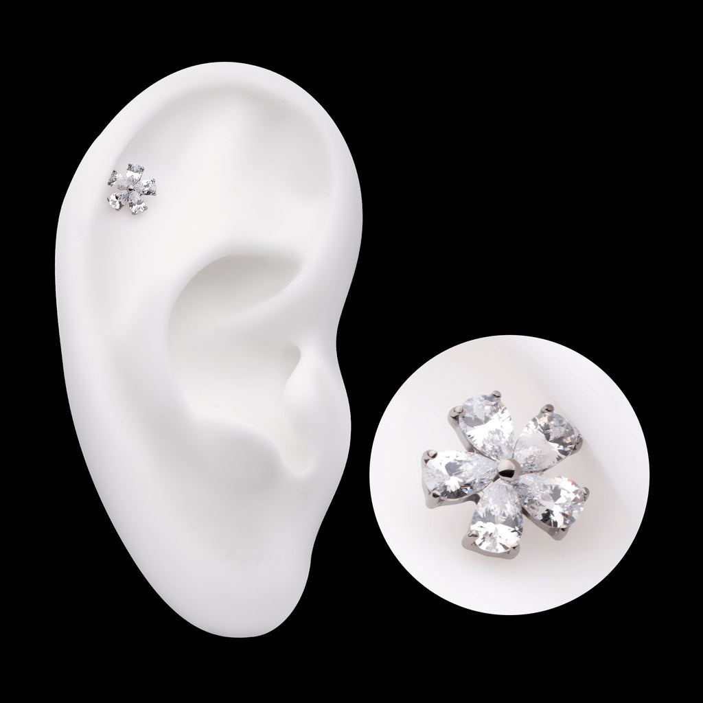 Prong Set CZ Gem 5-Petal Flower Flatback Stud Earring / Nosering - CZ in Titanium