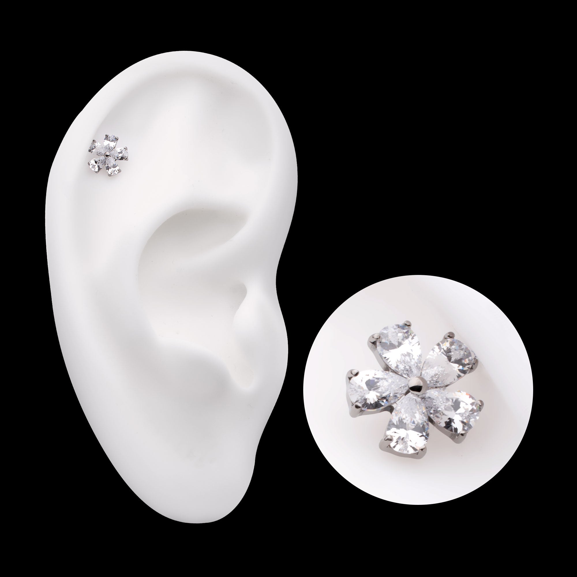 Prong Set CZ Gem 5-Petal Flower Flatback Stud Earring / Nosering - CZ in Titanium