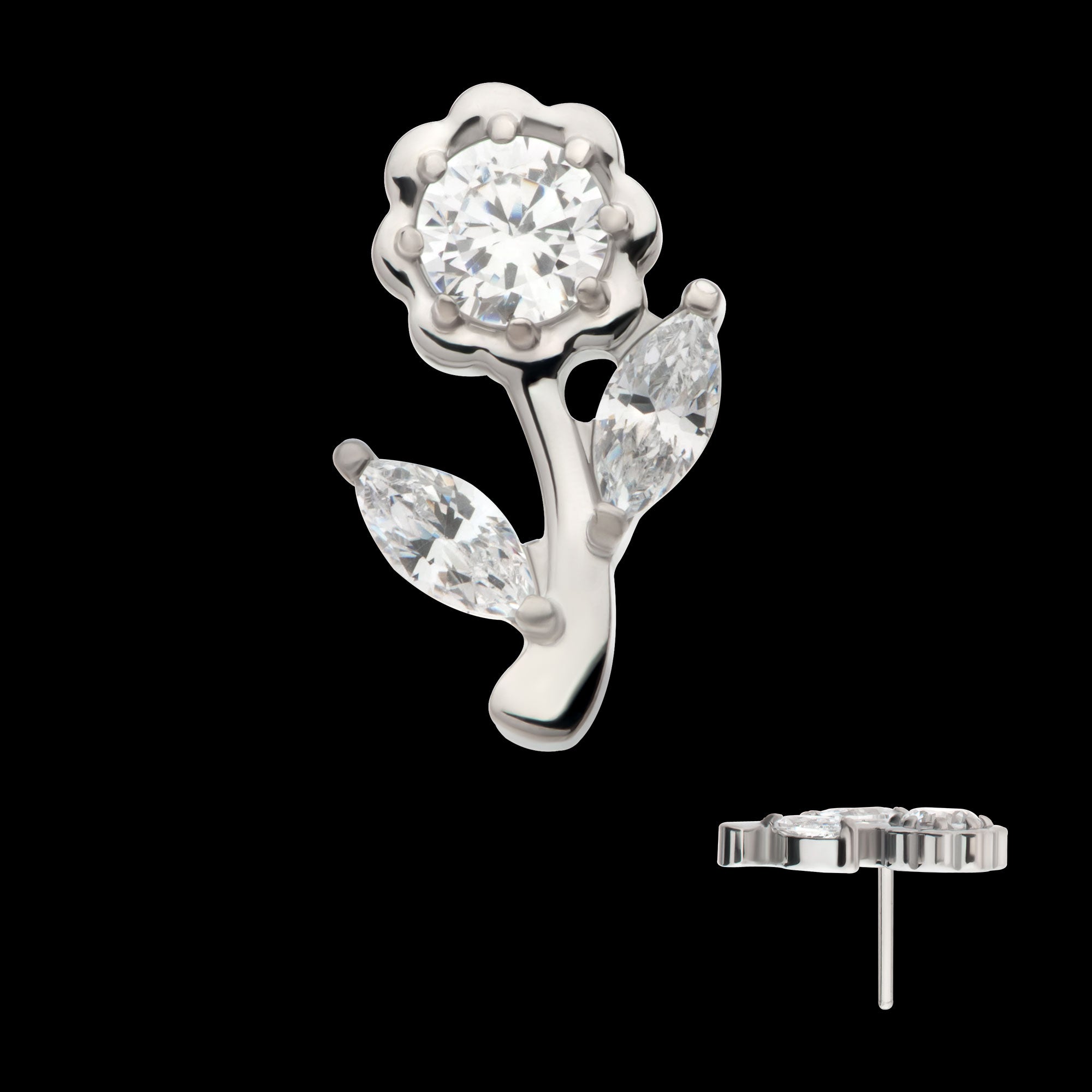 Prong Set Round & Marquise CZ Gem Rose Flower Flatback Stud Earring / Nosering - CZ in Titanium