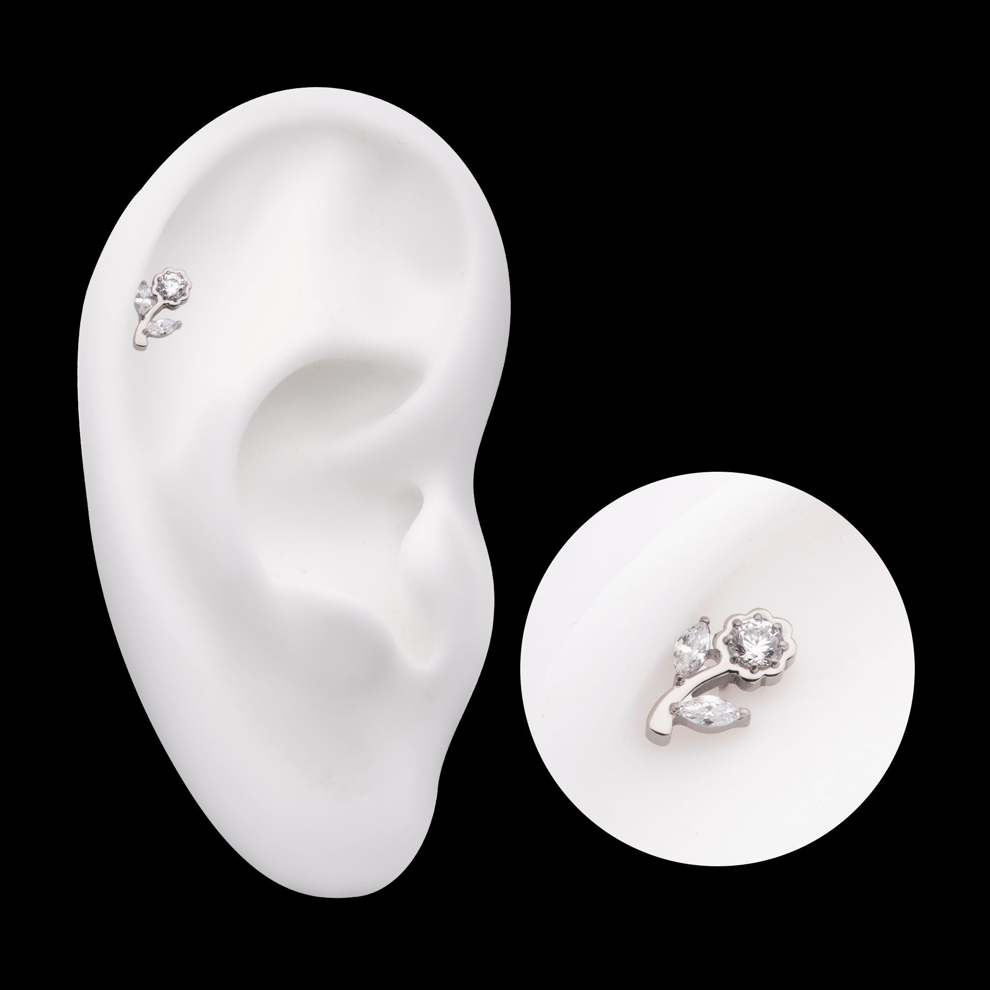 Prong Set Round & Marquise CZ Gem Rose Flower Flatback Stud Earring / Nosering - CZ in Titanium
