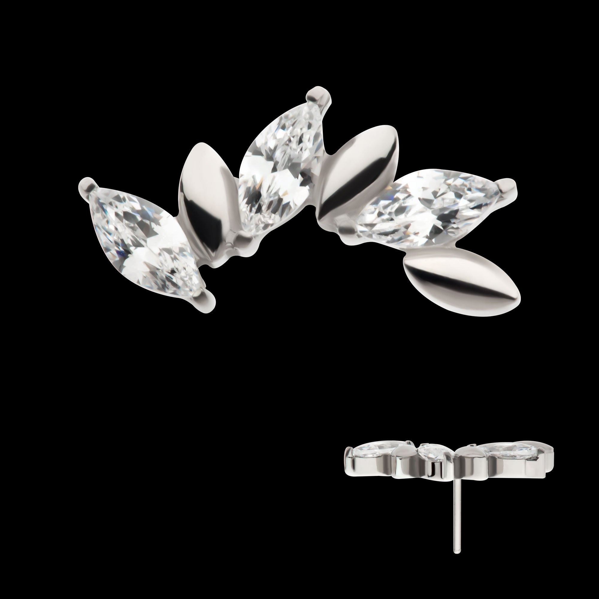 Oscillating Marquise CZ Gem 6-Cluster Flatback Stud Earring / Nosering - CZ in Titanium